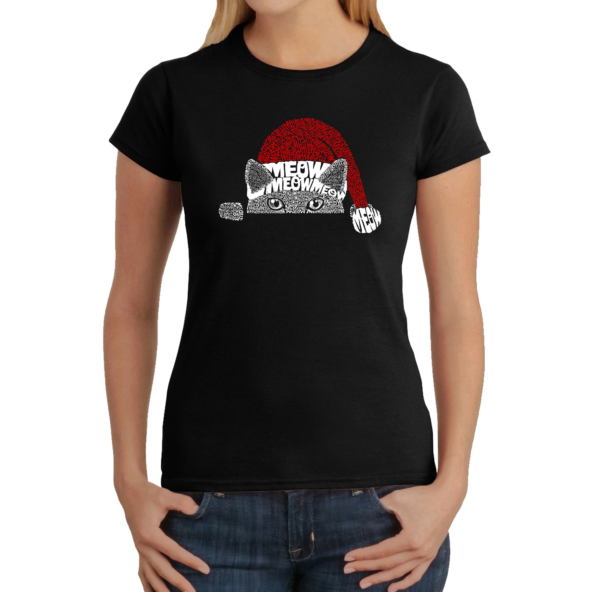 Premium Christmas Peeking Cat - Women's Festive Word Art T-Shirt