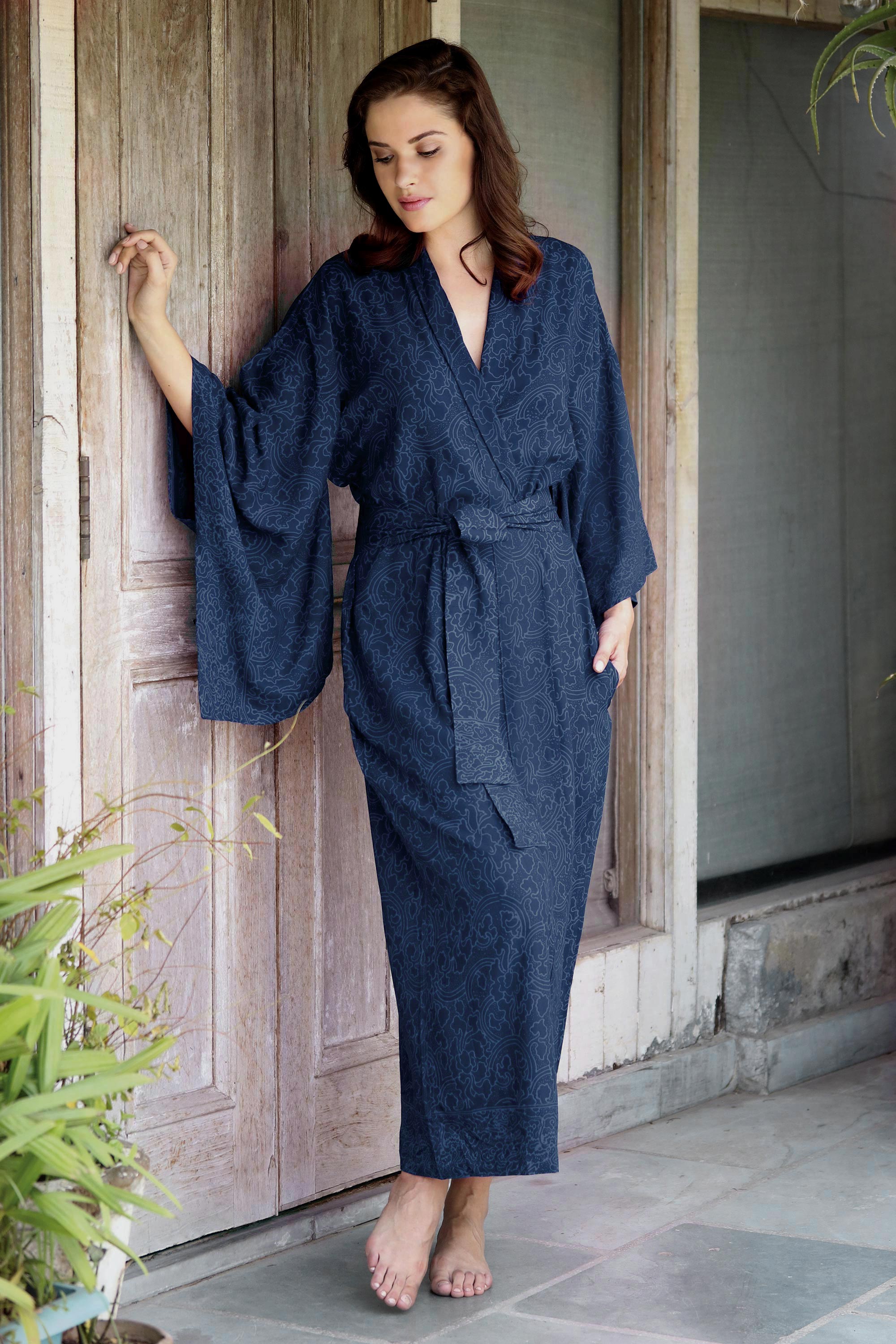 Premium Blue-Violet Orchid Kimono Robe - Handcrafted Luxury