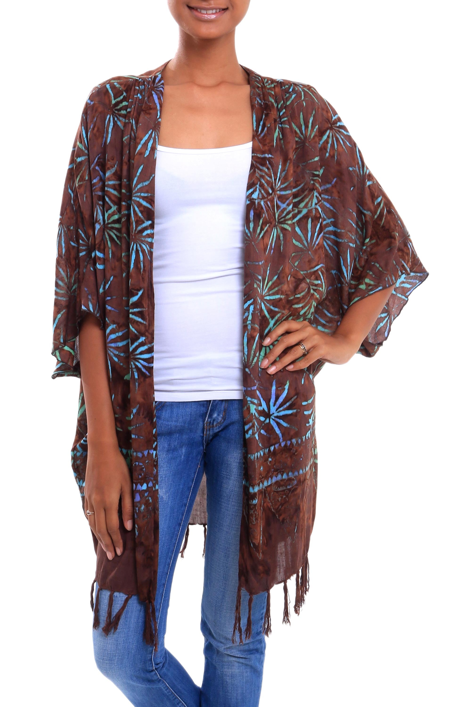 Premium Brown Leaf Batik Kimono Jacket - Handcrafted in Bali