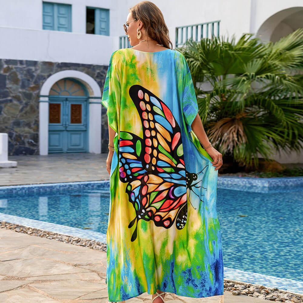 Premium Vivid Butterfly Print Oversized Beach Cover-Up - Brazilian Style