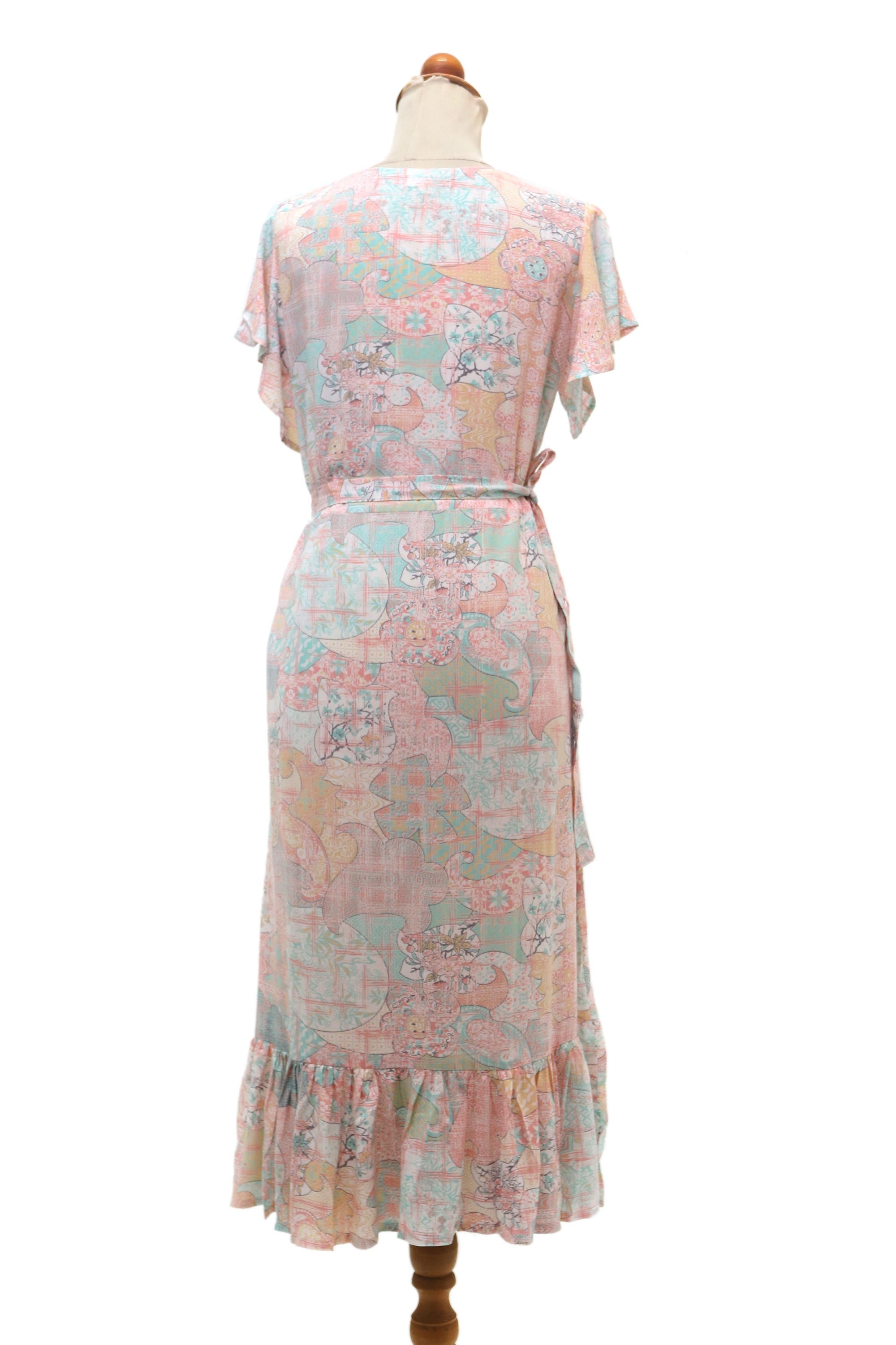 Premium Sekar Jagad Butterfly Sleeve Wrap Dress - Pink & Aqua