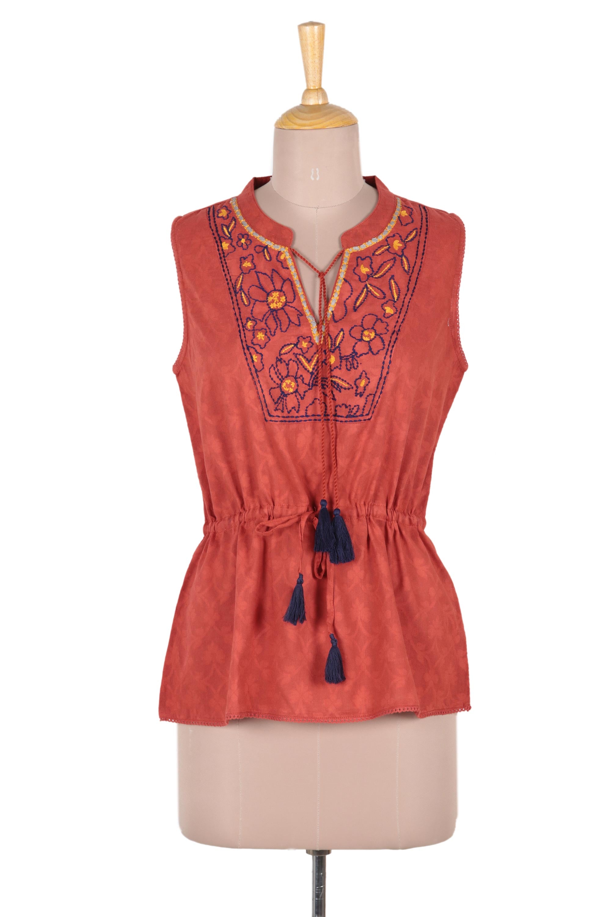 Premium Delhi Spring Cotton Blouse - Russet Floral Embroidered Design