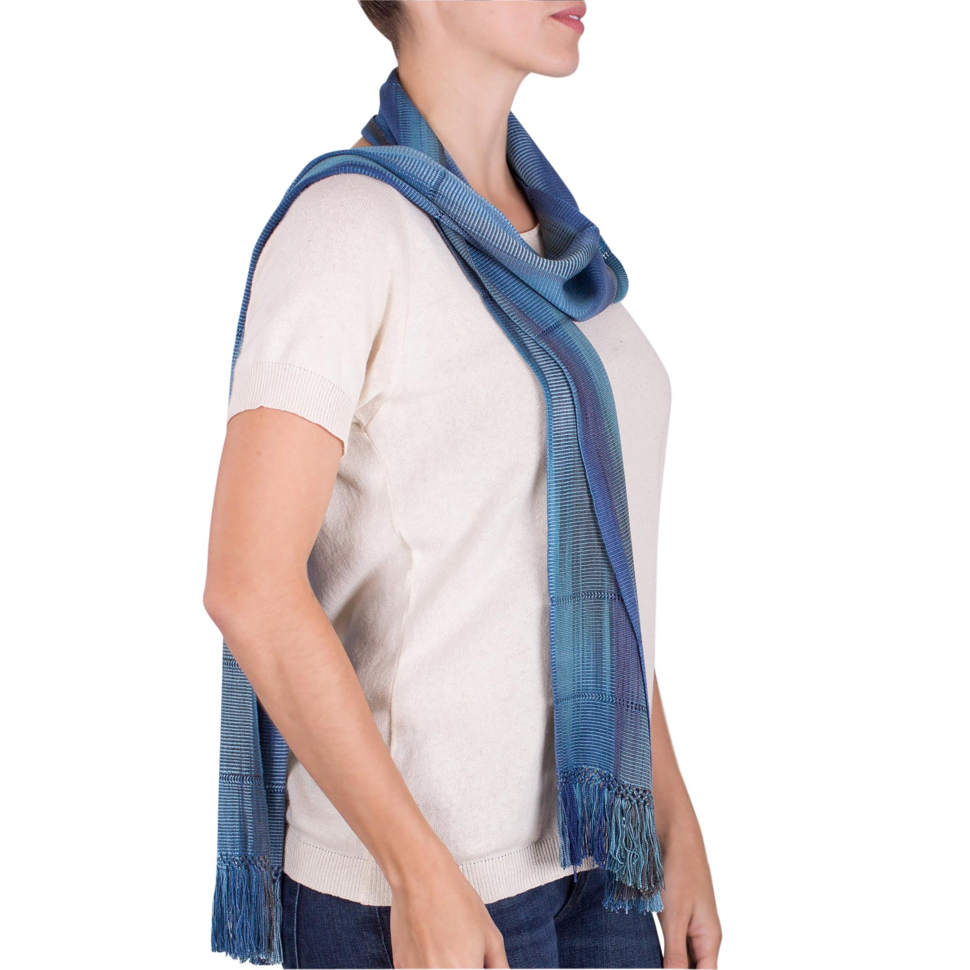 Premium Handwoven Rayon Wrap Scarf - Blue Breeze from Guatemala