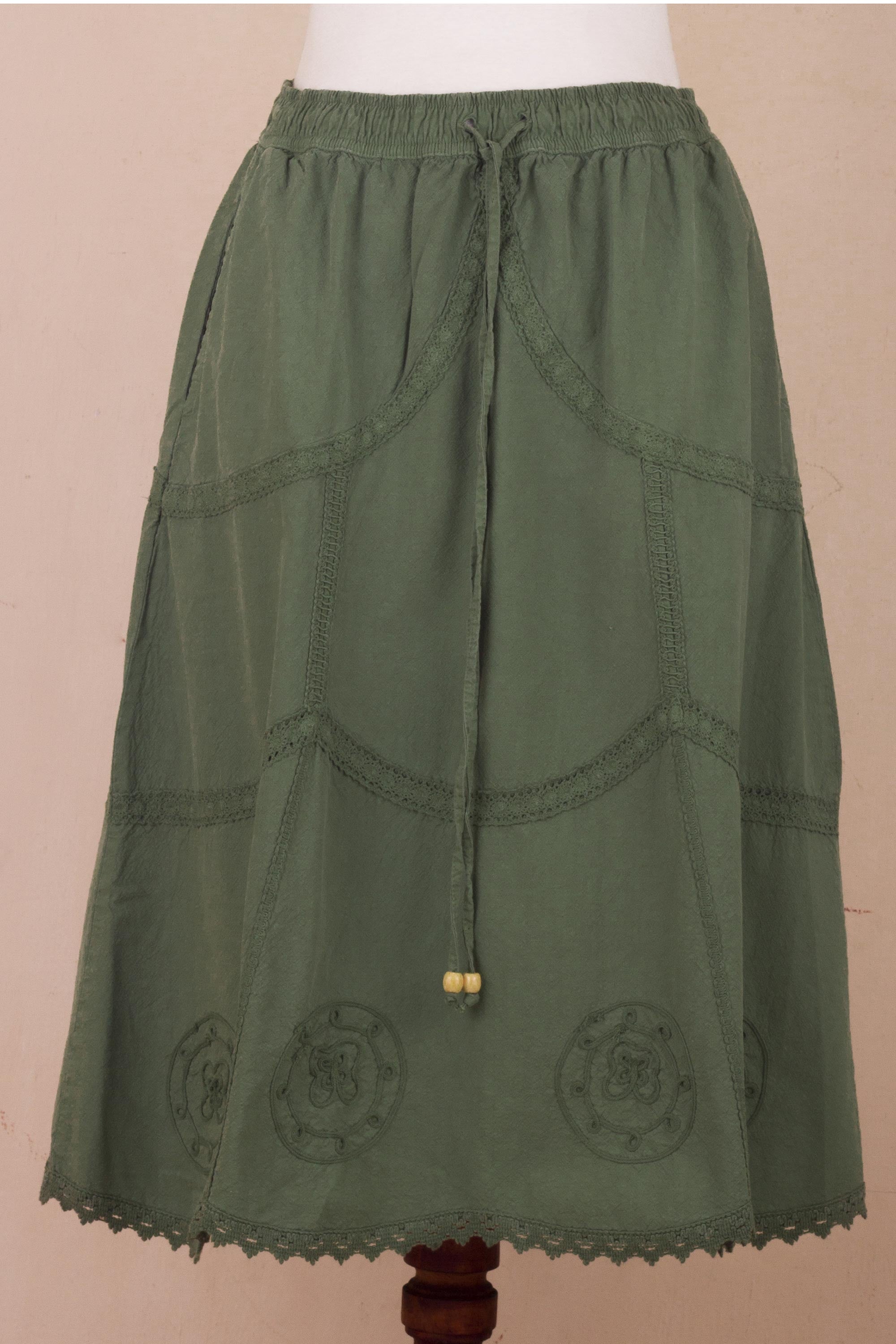 Premium Andean Fields Laurel Green Embroidered Cotton Skirt - Handcrafted in Peru