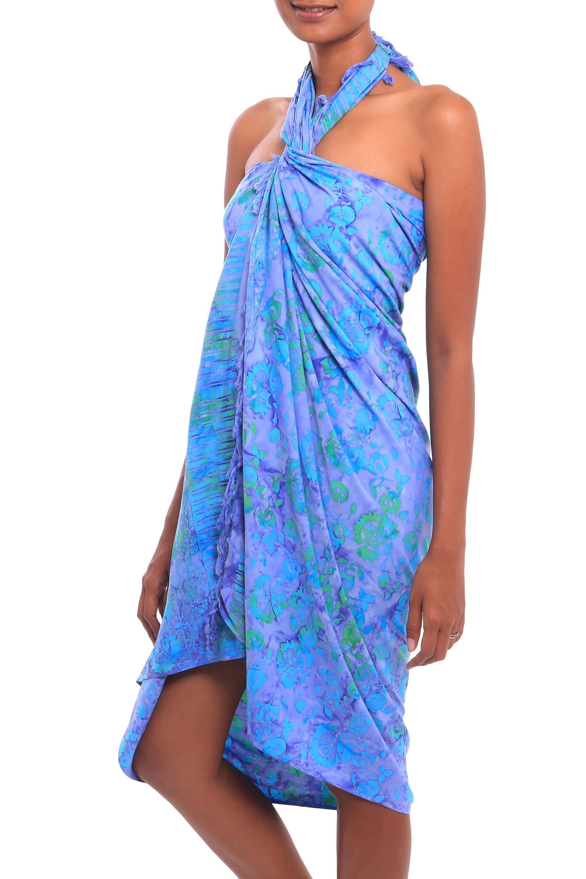 Premium Pale Blue Floral Batik Sarong - Handcrafted in Bali