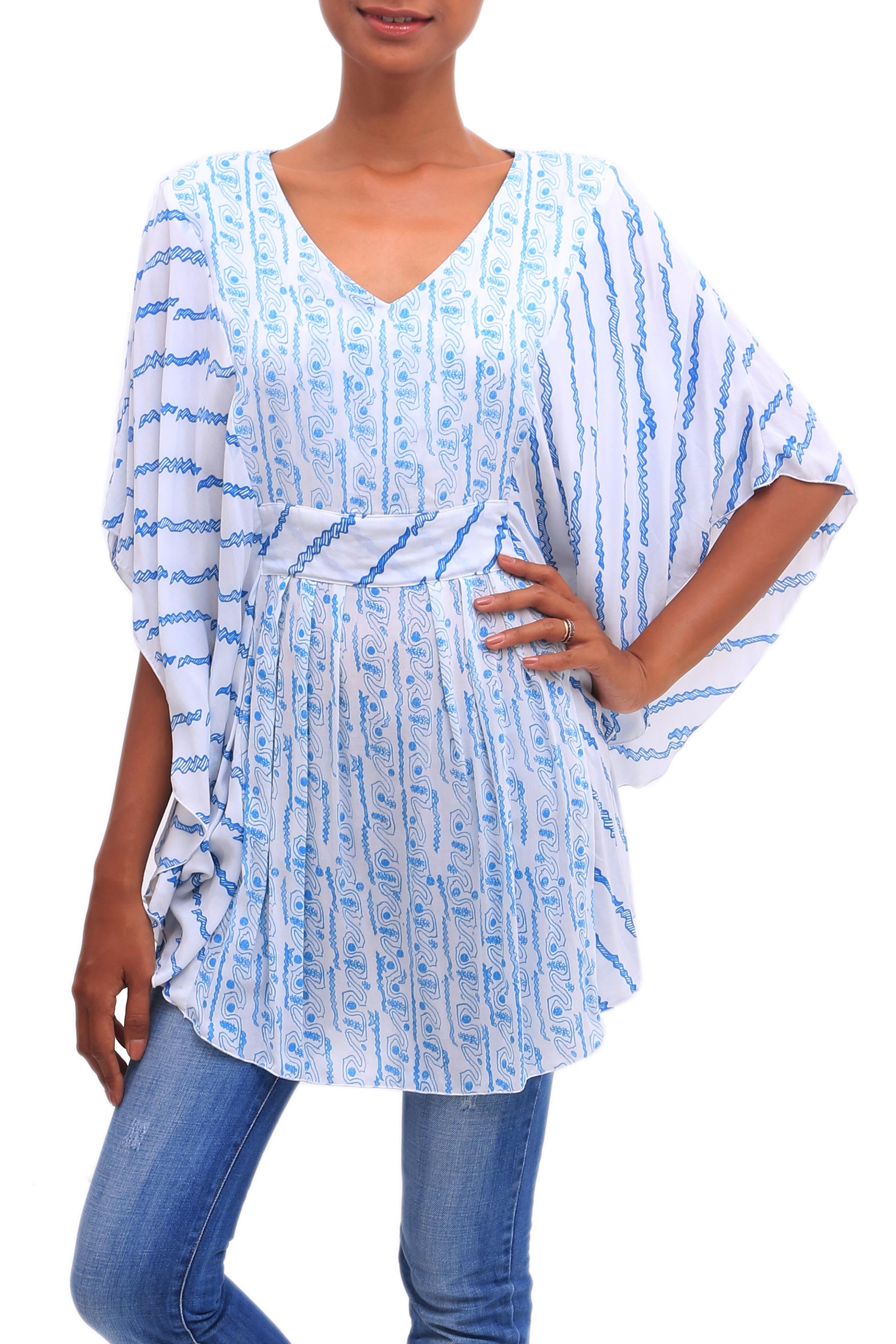 Premium Azure Helix Rayon Blouse - Balinese Designer Edition