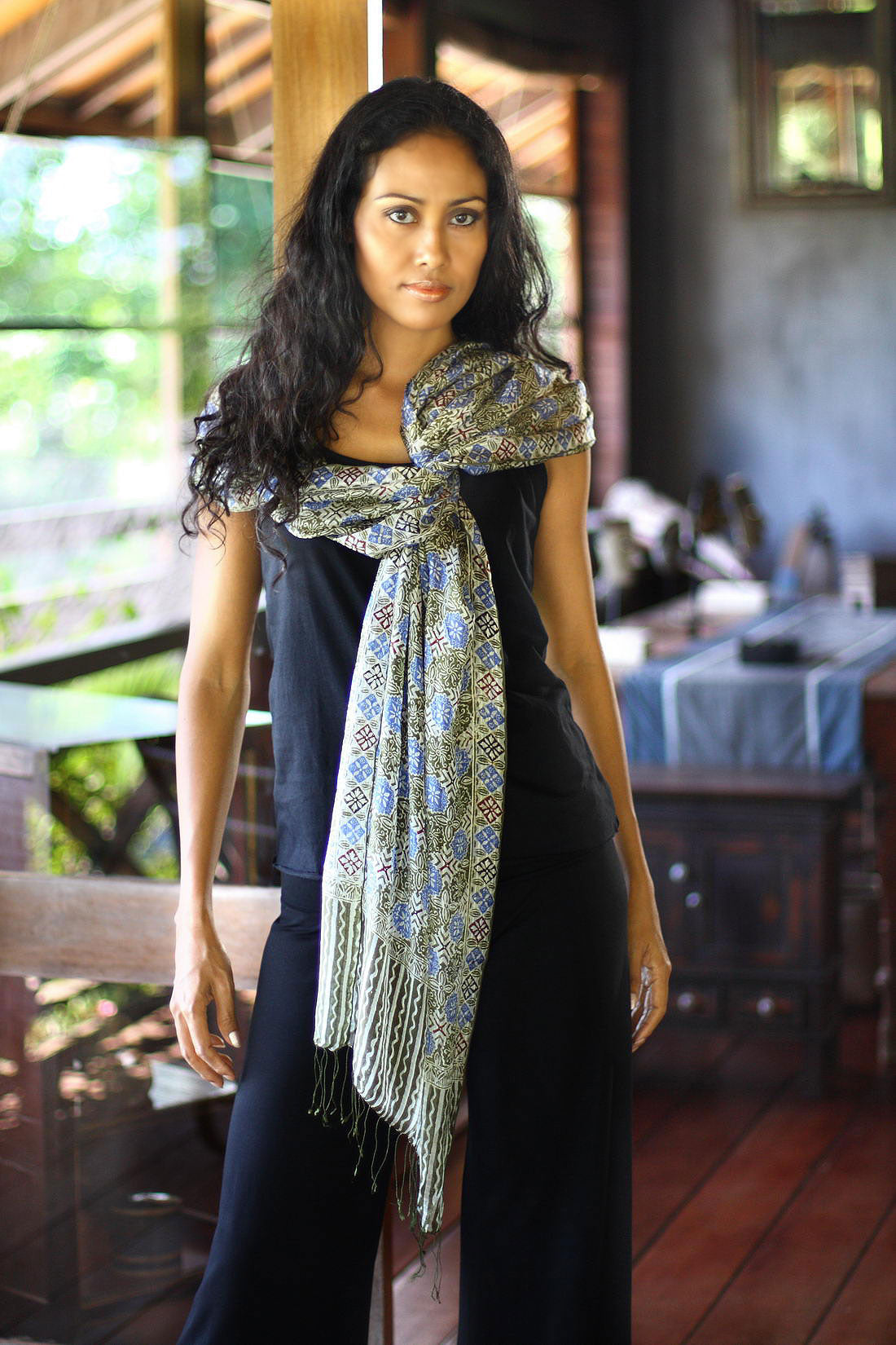 Premium Indonesian Silk Shawl - Blue Floral Stars Design