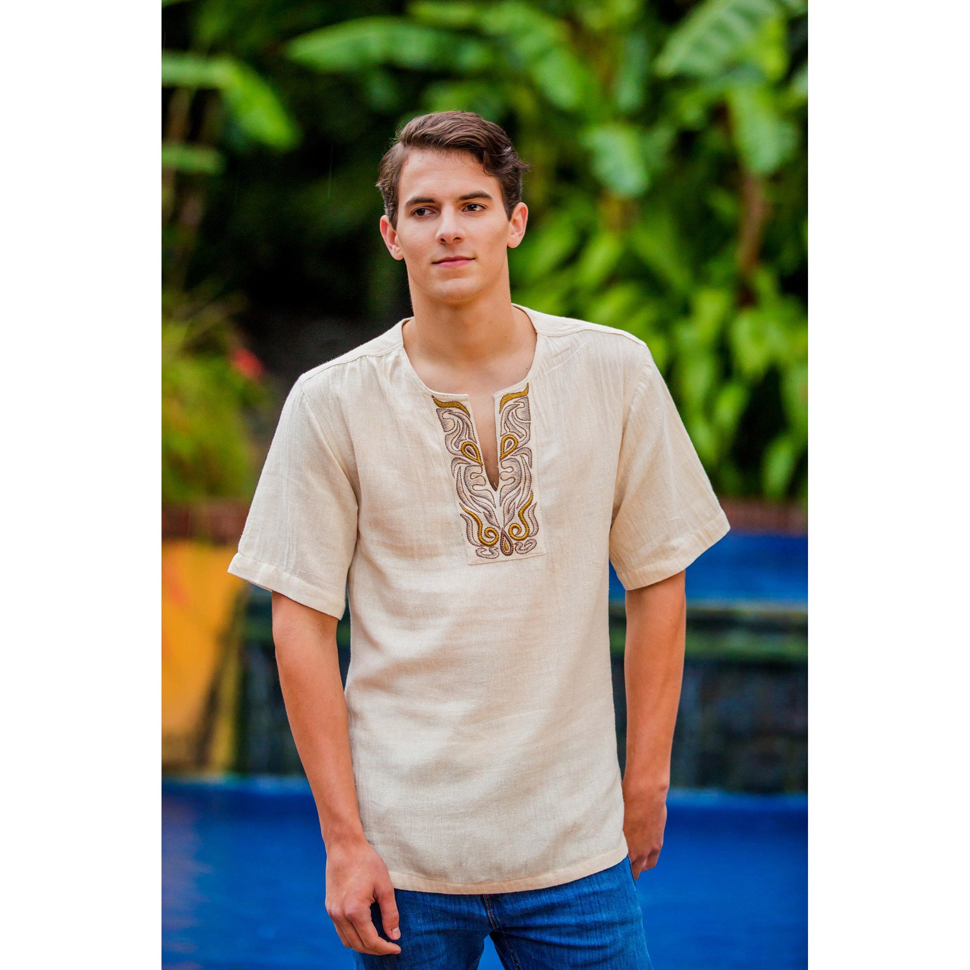 Premium Autumn Jungle Beige Men's Cotton Tunic - Handcrafted Comfort