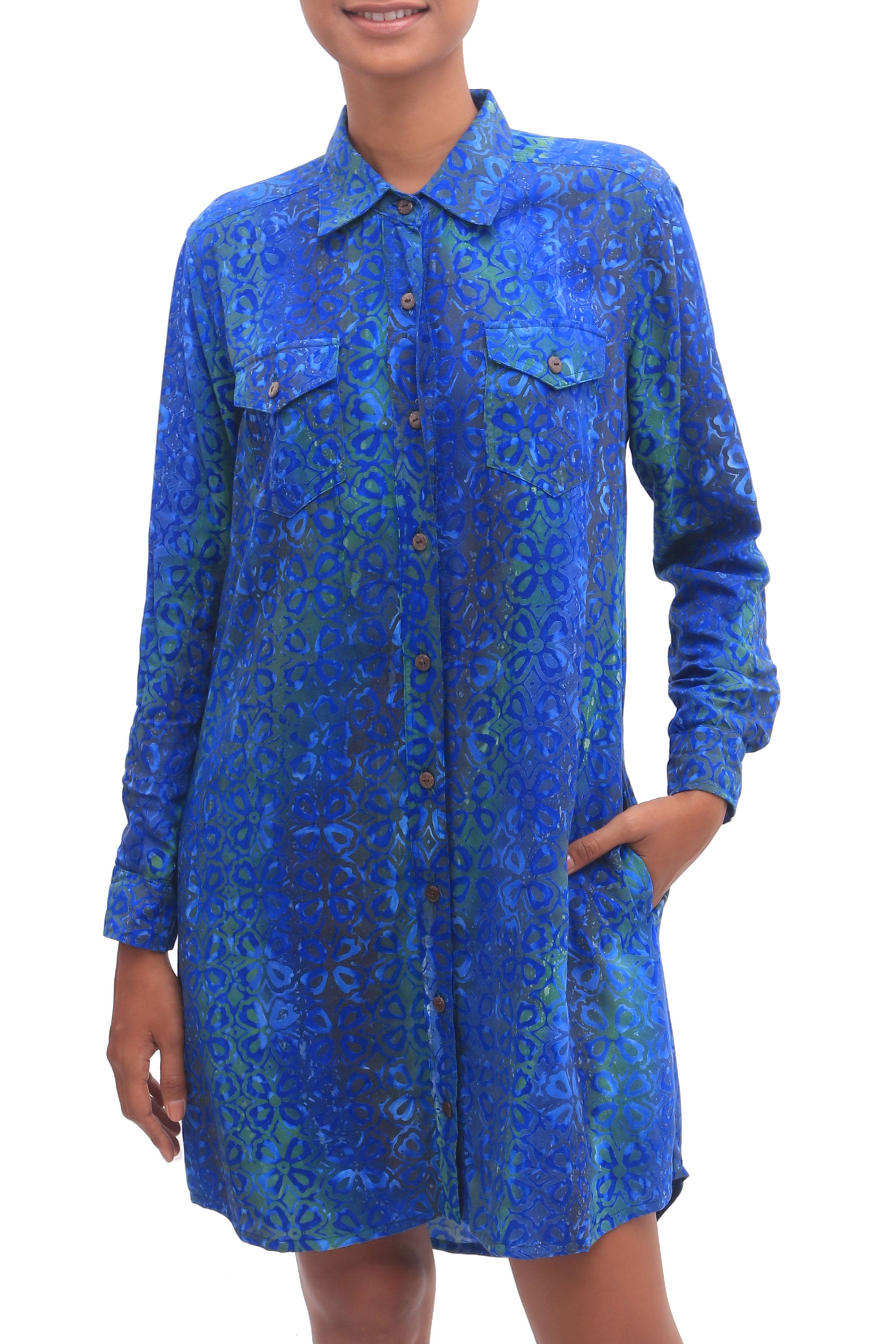 Premium Ocean Orchid Rayon Batik Shirtdress - Blue & Green Floral Print