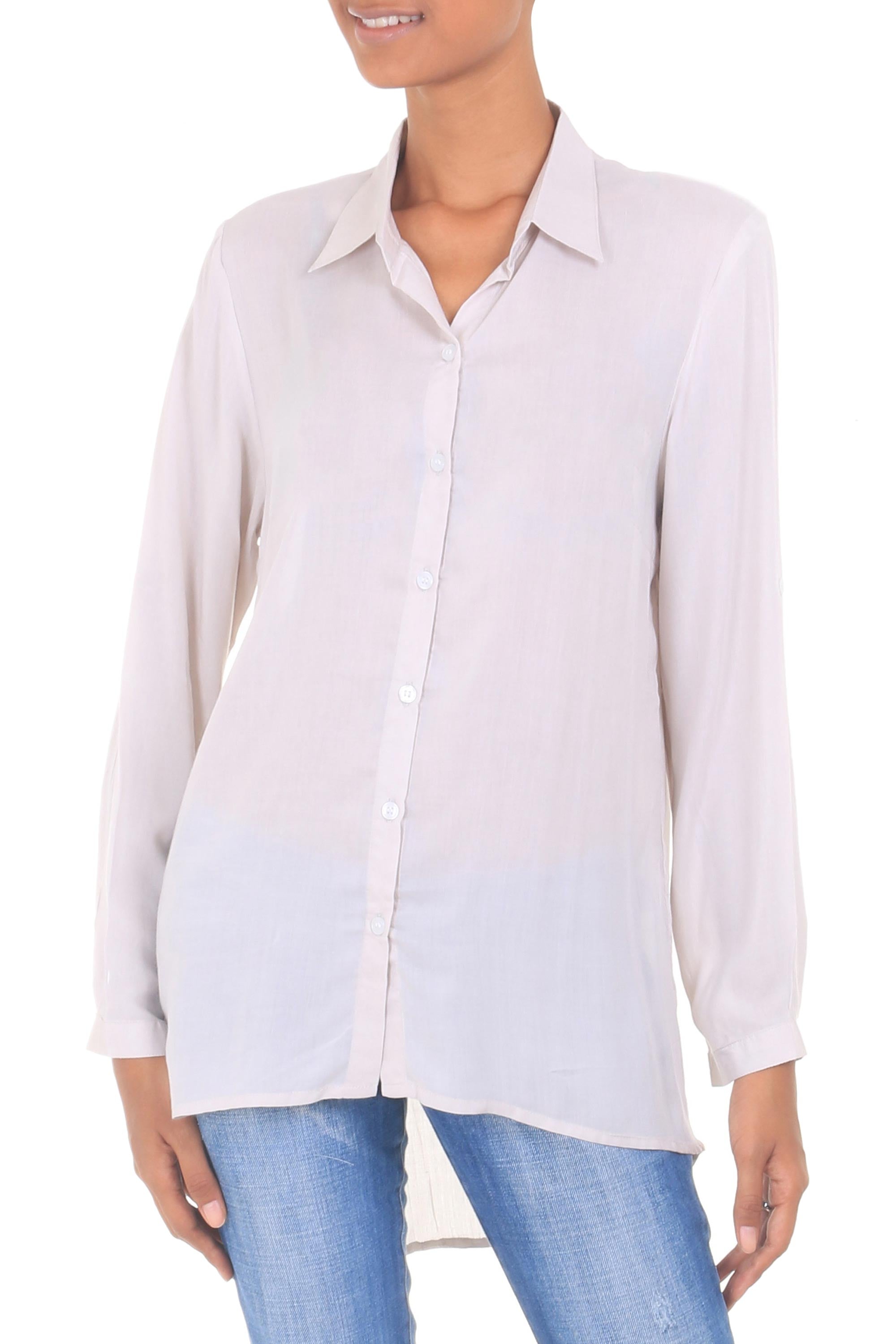 Premium Grey Artisan-Crafted Rayon Long-Sleeve Blouse with Collar – Ultimate Wardrobe Essential