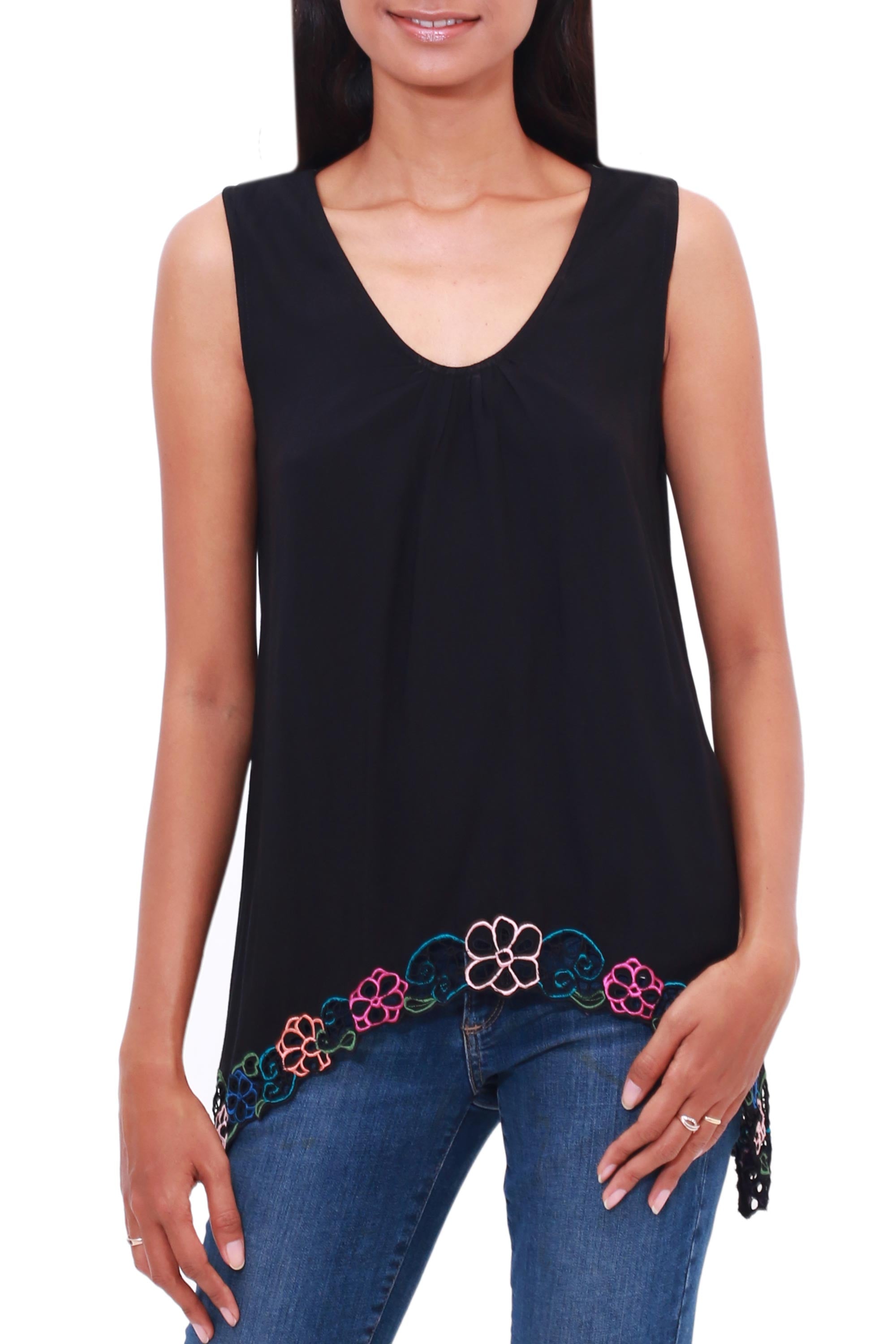 Premium Black Floral Embroidered Rayon Blouse - Handcrafted in Bali