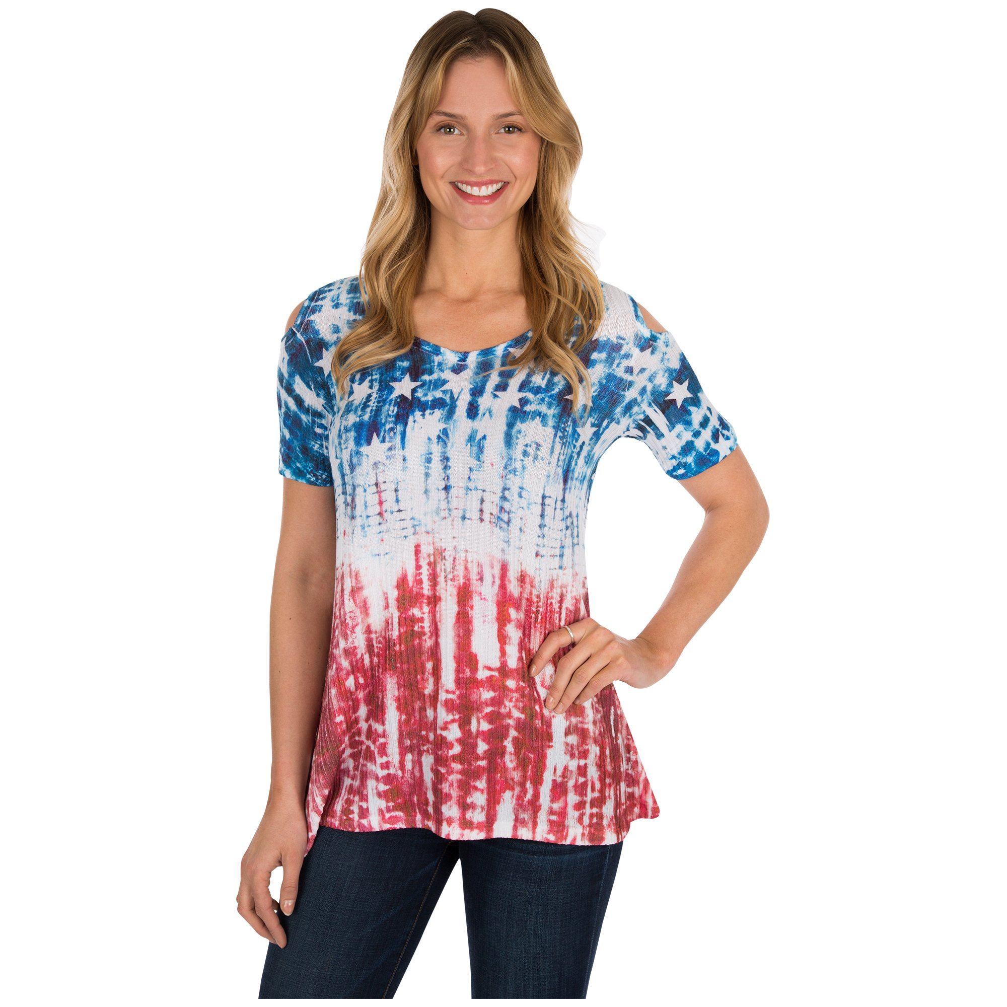 Premium Tie-Dye Americana Cold Shoulder Top - Ultimate Patriotic Style