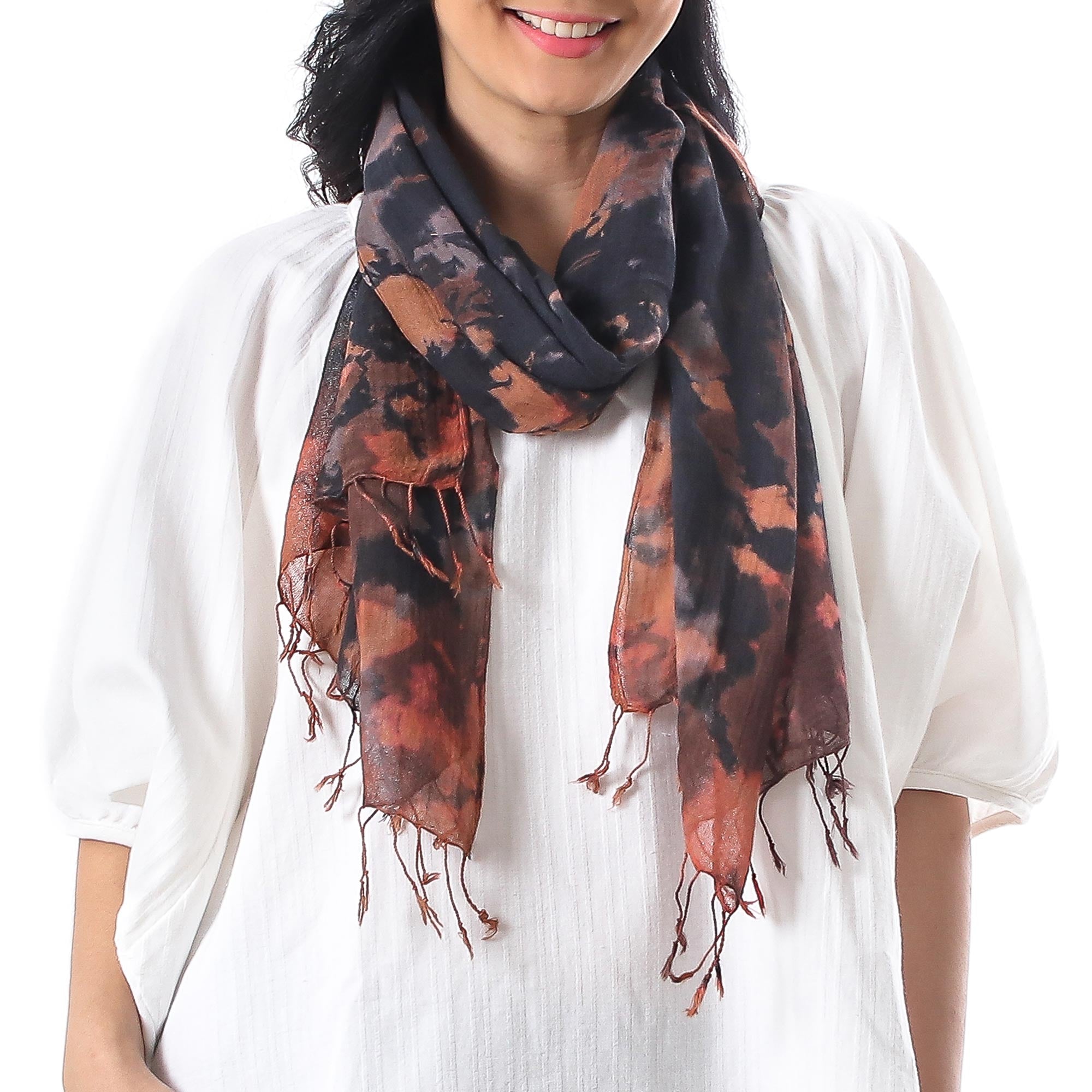 Premium Handwoven Tie-Dye Cotton Scarf with Fringe - Earthy Brown