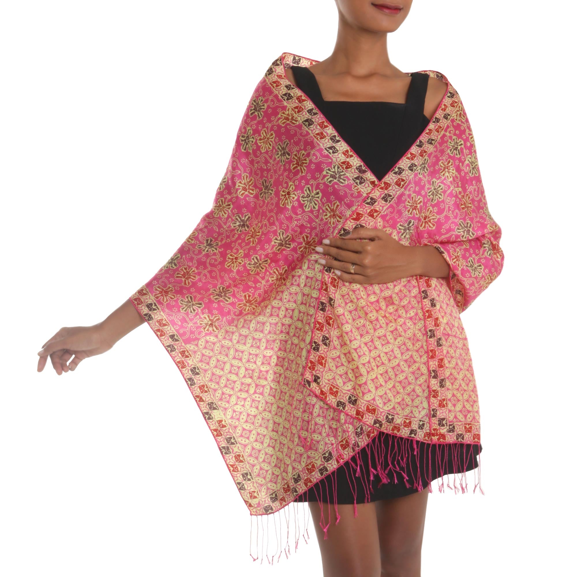 Premium Fuchsia Kawung Batik Silk Shawl - Handcrafted Floral Elegance from Bali