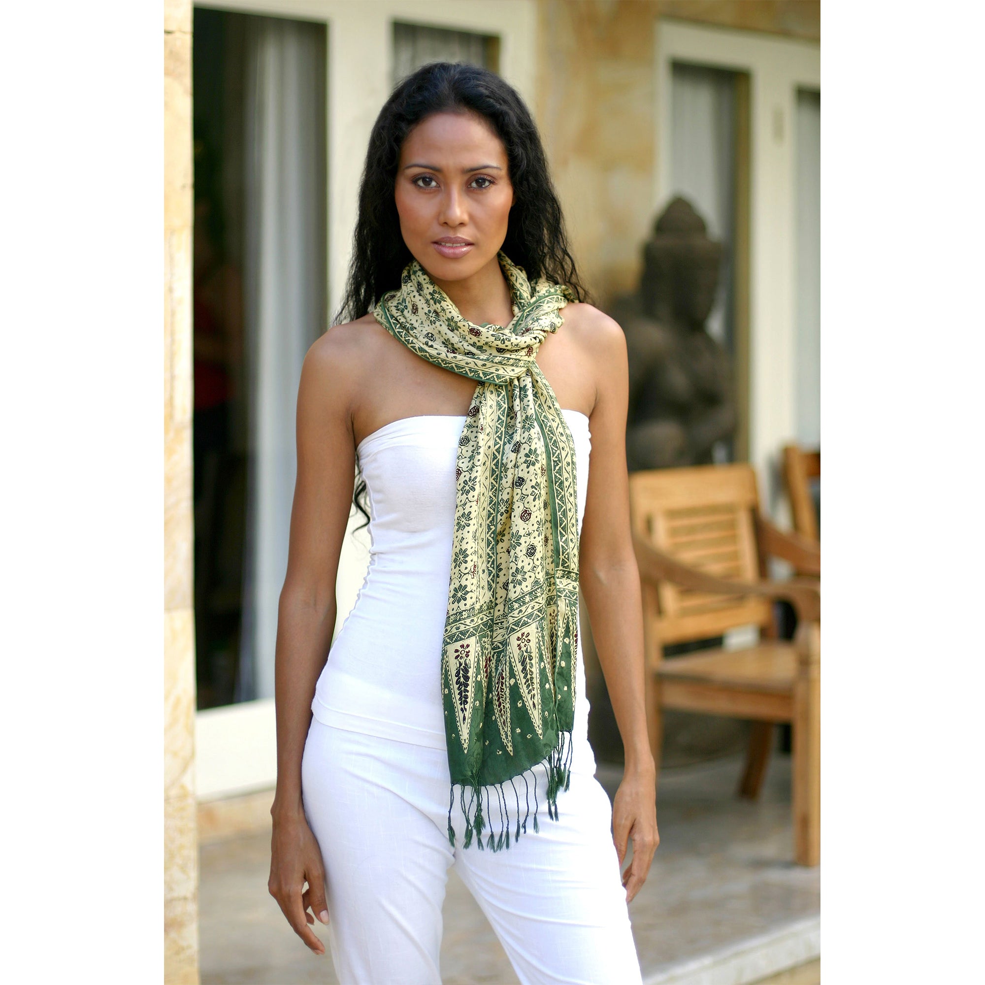 Premium Green Jade Silk Batik Scarf – Handcrafted Elegance