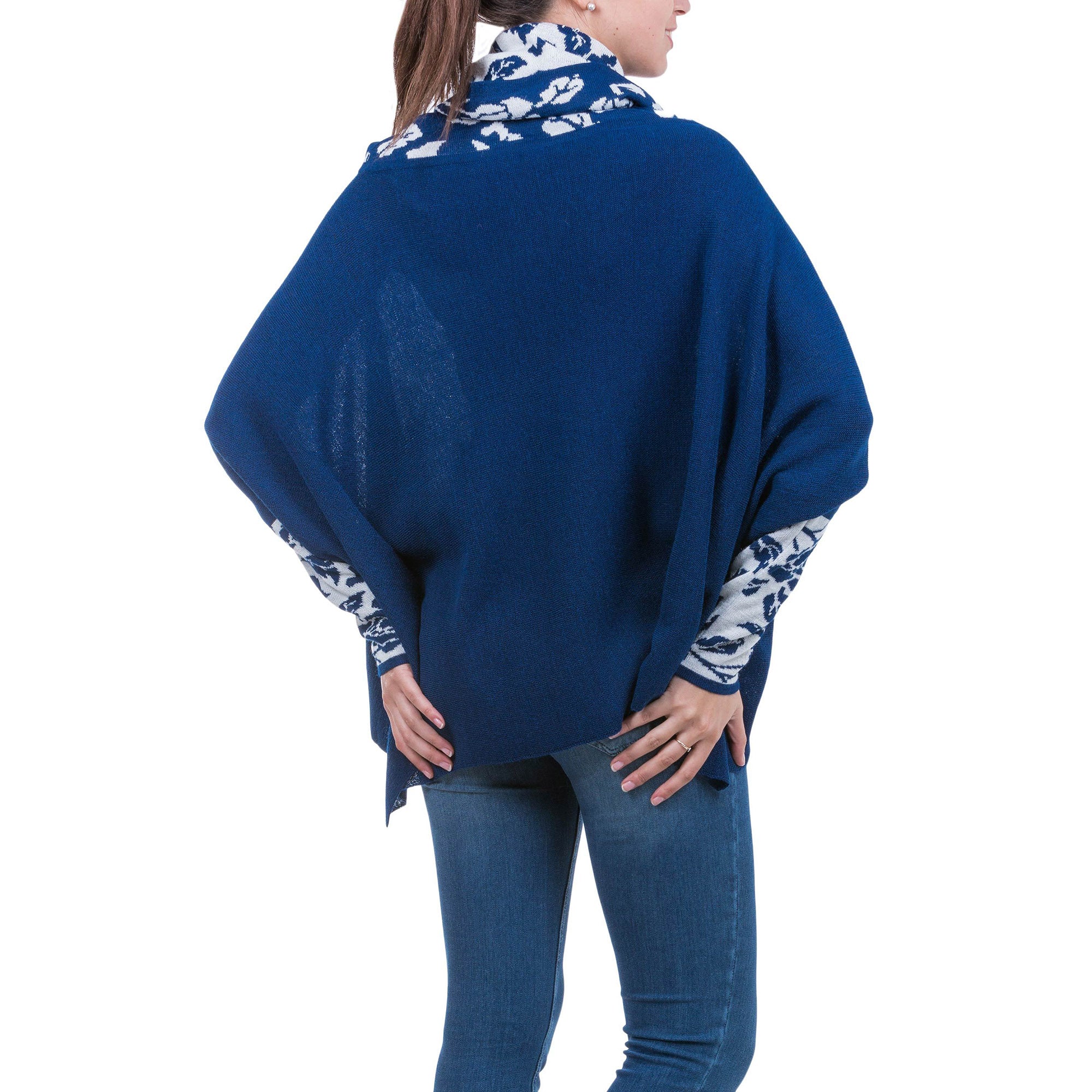 Premium Blue Roses Alpaca Poncho with Sleeves