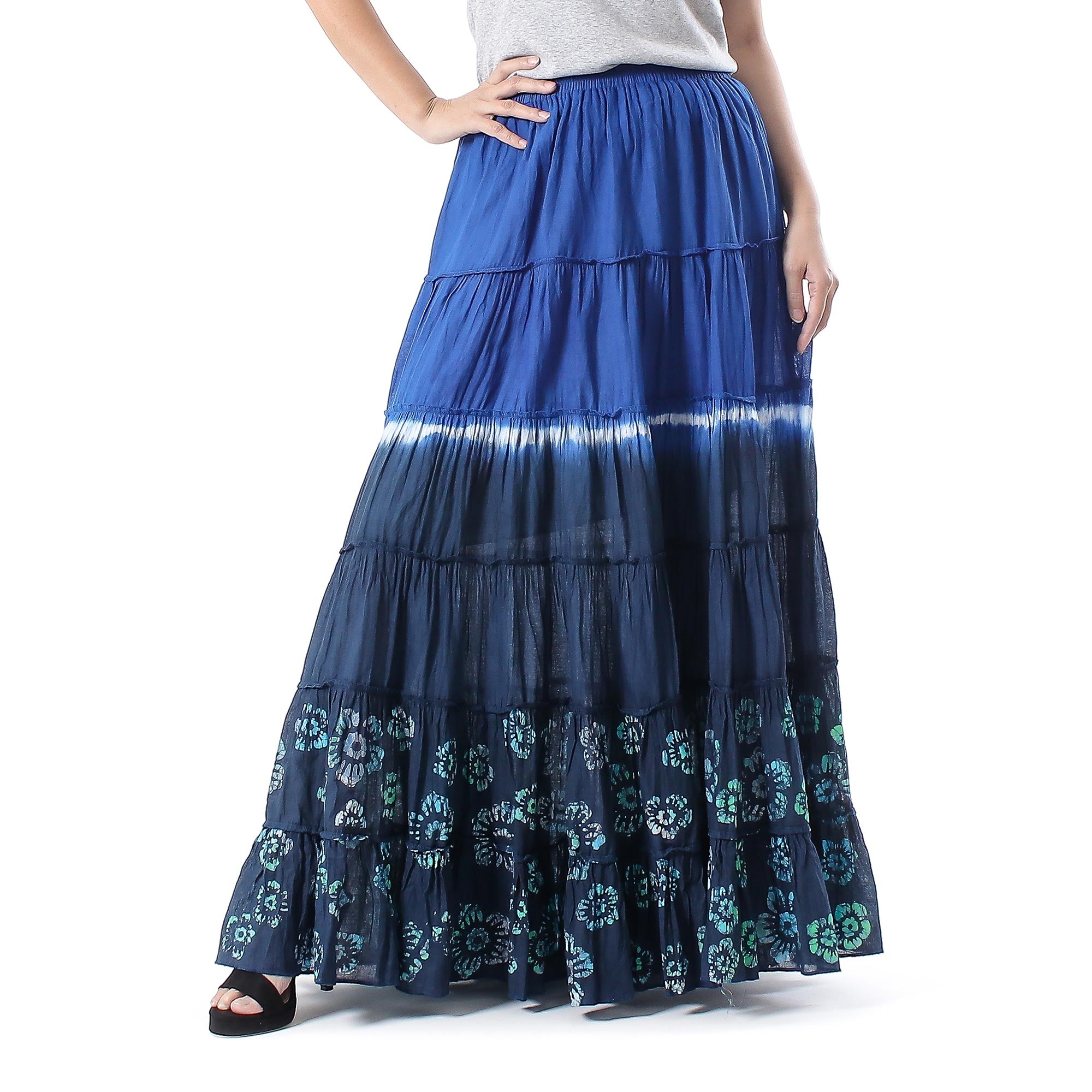 Premium Boho Batik Maxi Skirt - Royal Blue & Black Tie-Dye Design