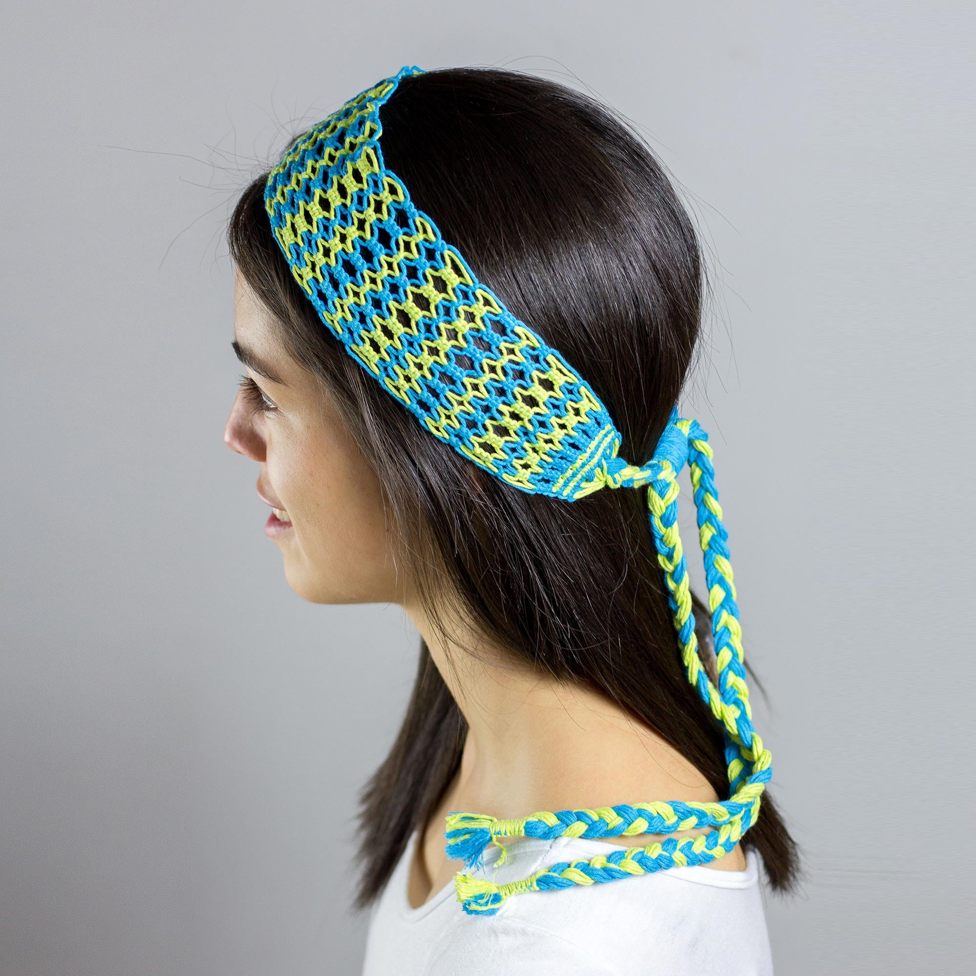 Premium Handcrafted Cotton Macramé Headband - Citron Yellow & Cyan Blue