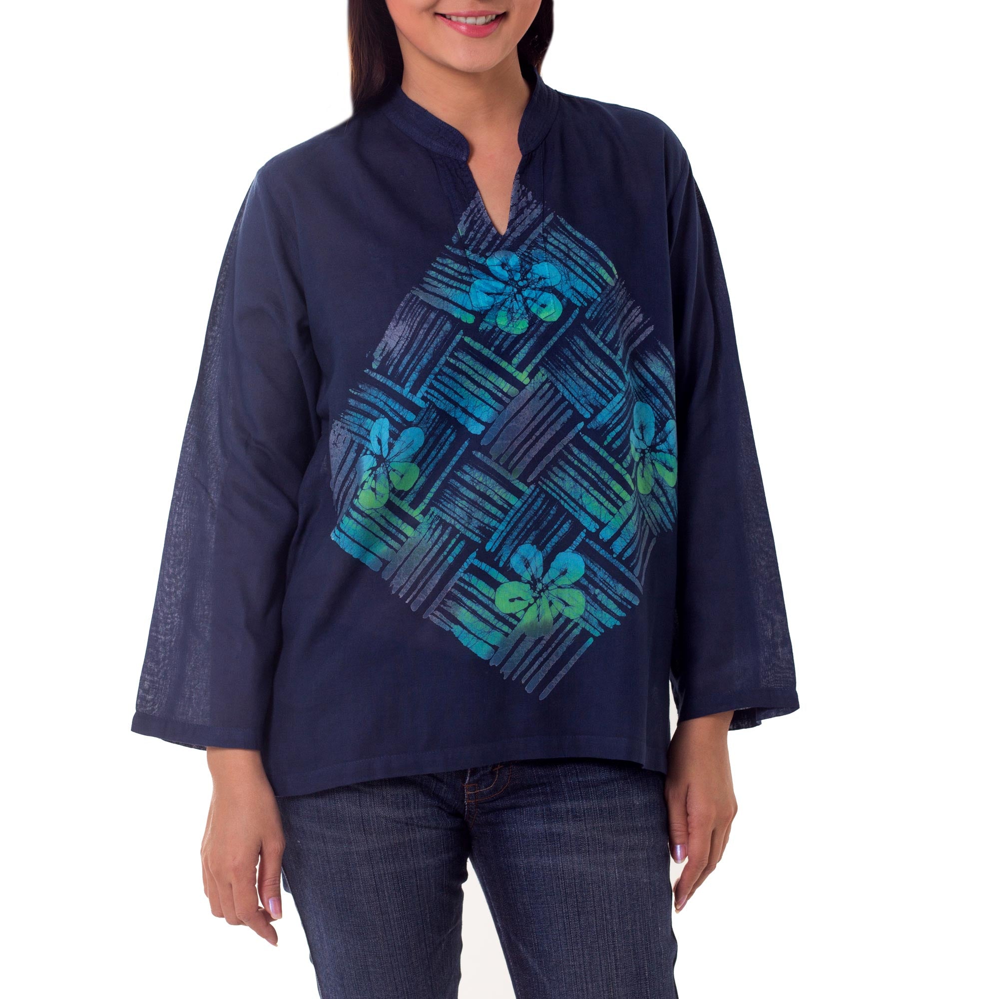 Premium Blue Frangipani Cotton Batik Tunic - Handmade Fair Trade