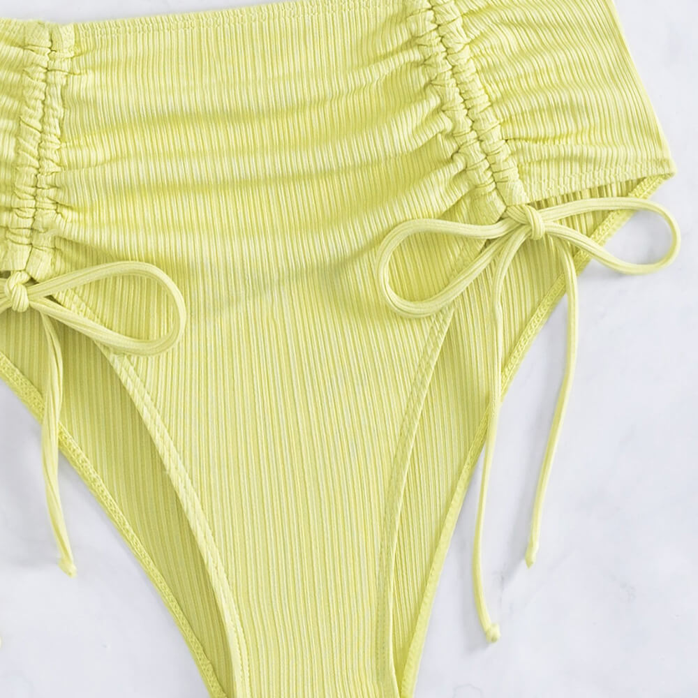 Premium Ruched Tie High Waist Ribbed Halter Bikini Set - Pastel Yellow