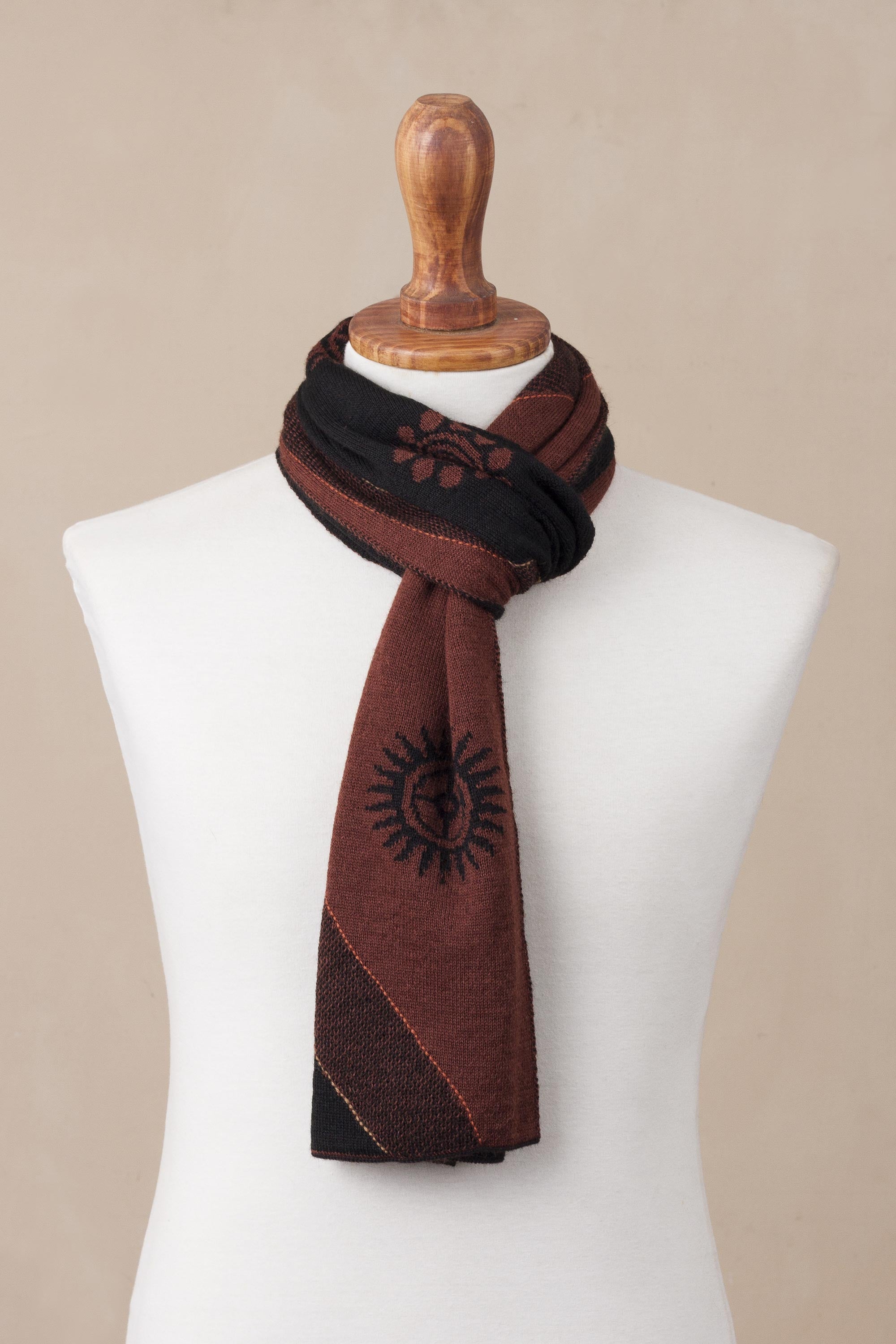 Premium Mahogany & Black Alpaca Blend Scarf – Inca Inspired Design