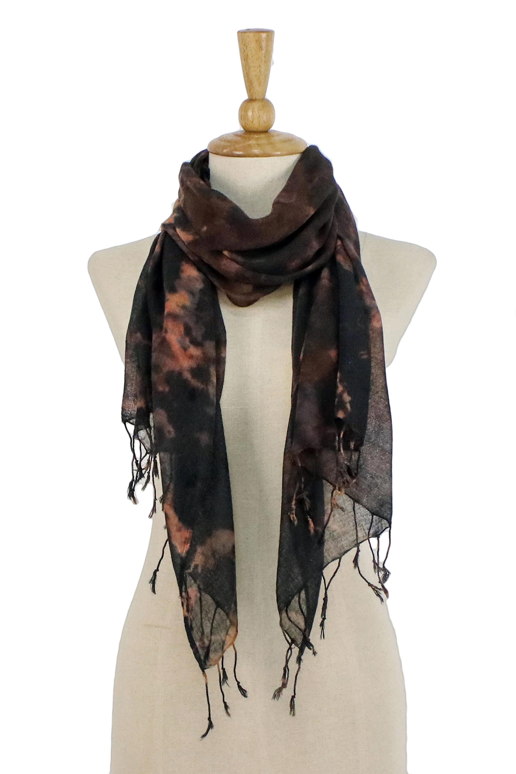 Premium Handwoven Tie-Dye Cotton Scarf with Fringe - Earthy Brown