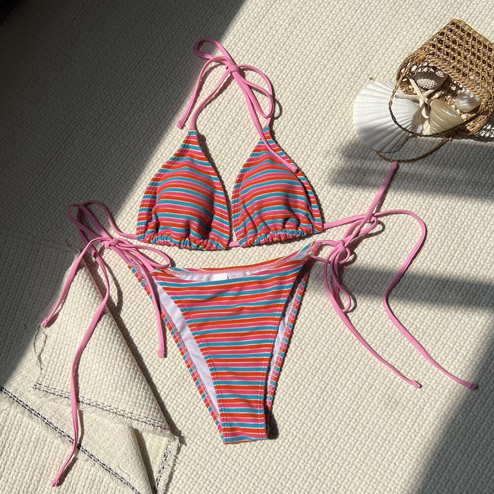 Premium Striped Terry Tie-Side Bikini Set - Brazilian Style