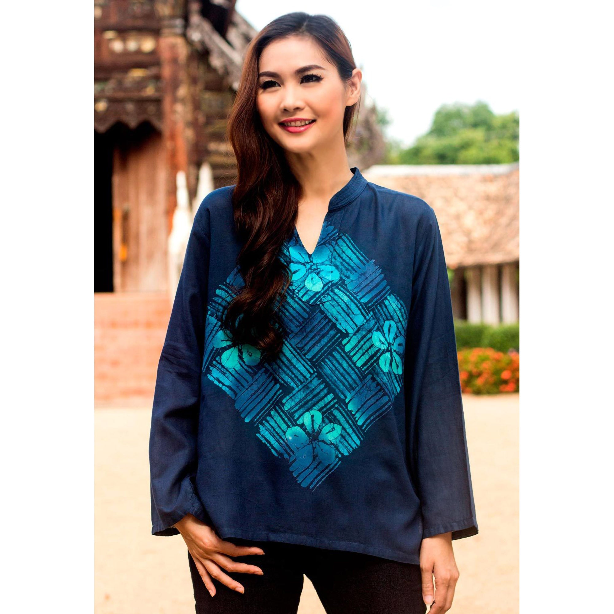 Premium Blue Frangipani Cotton Batik Tunic - Handmade Fair Trade