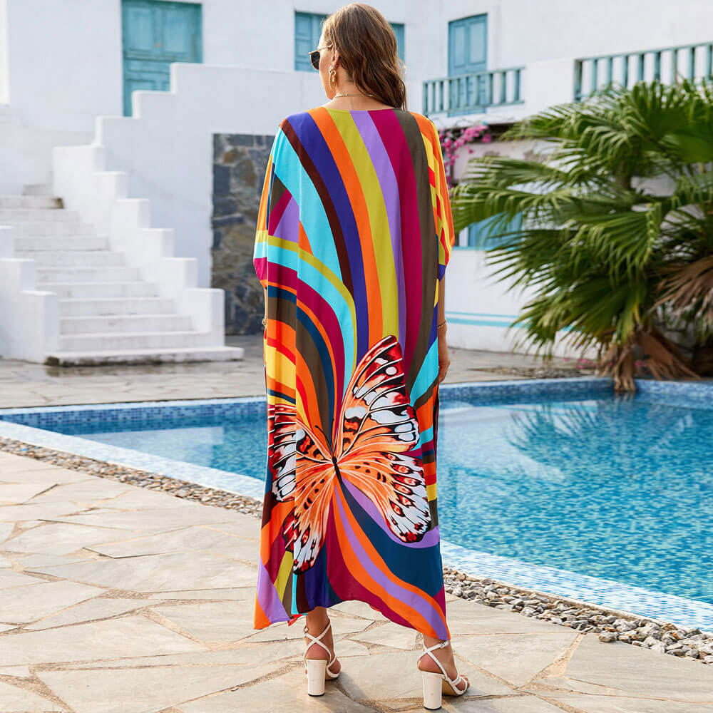 Premium Vivid Butterfly Print Oversized Beach Cover-Up - Brazilian Style