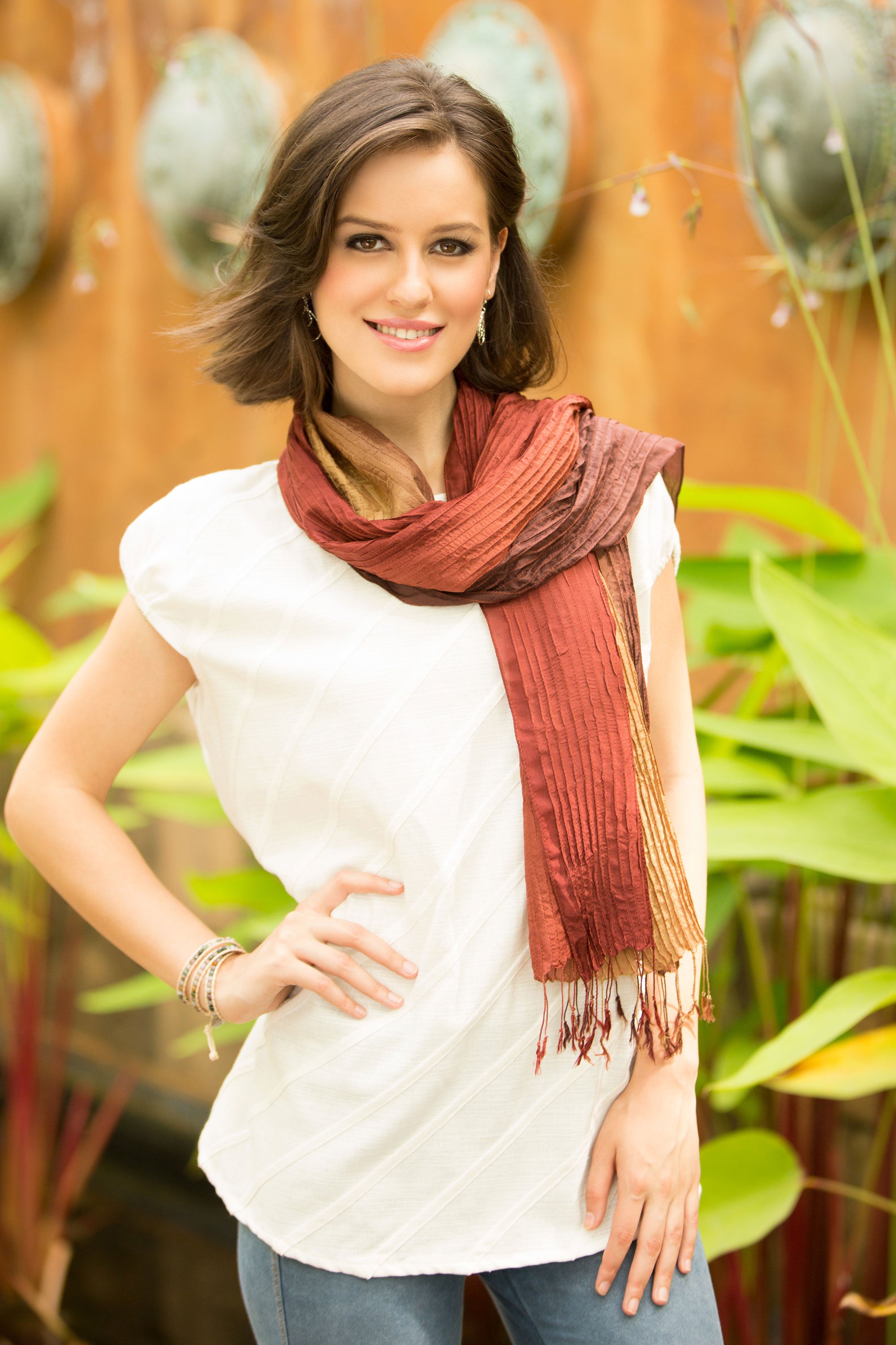 Premium Hand-Dyed Silk Scarf – Golden Brown Ombré from Thailand