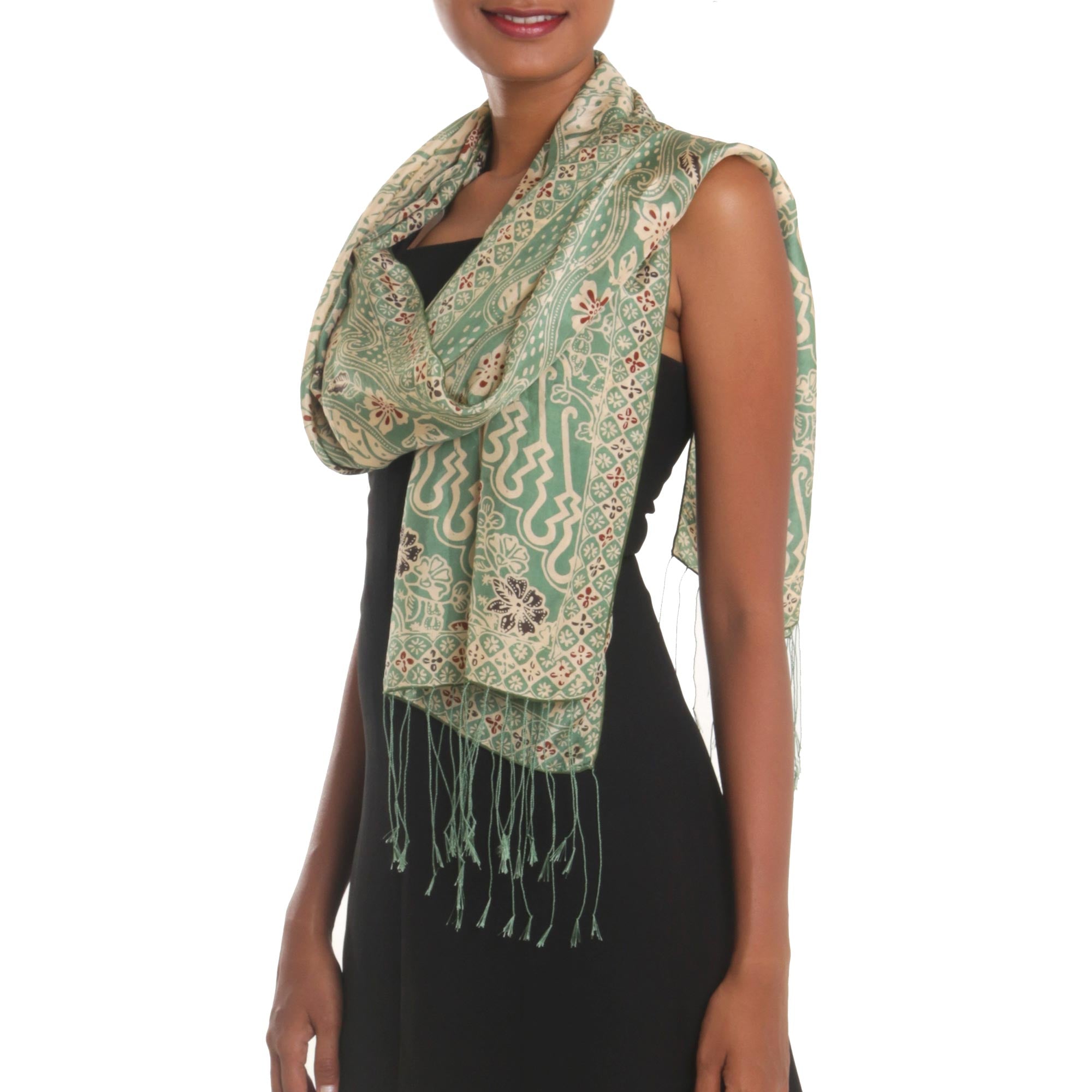 Premium Moss Green Batik Silk Shawl with Elegant Floral Motifs - Handcrafted in Bali