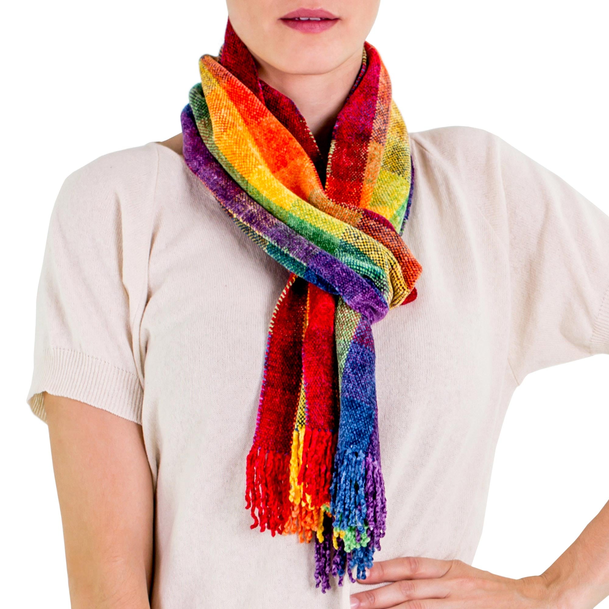 Premium Guatemalan Rainbow Rayon Chenille Scarf - Handcrafted Beauty