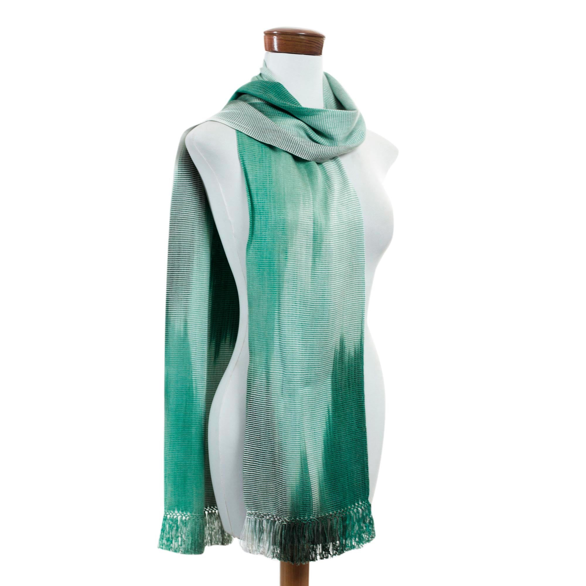 Premium Iridescent Eucalyptus Rayon Scarf - Handwoven Green & White Guatemalan Design