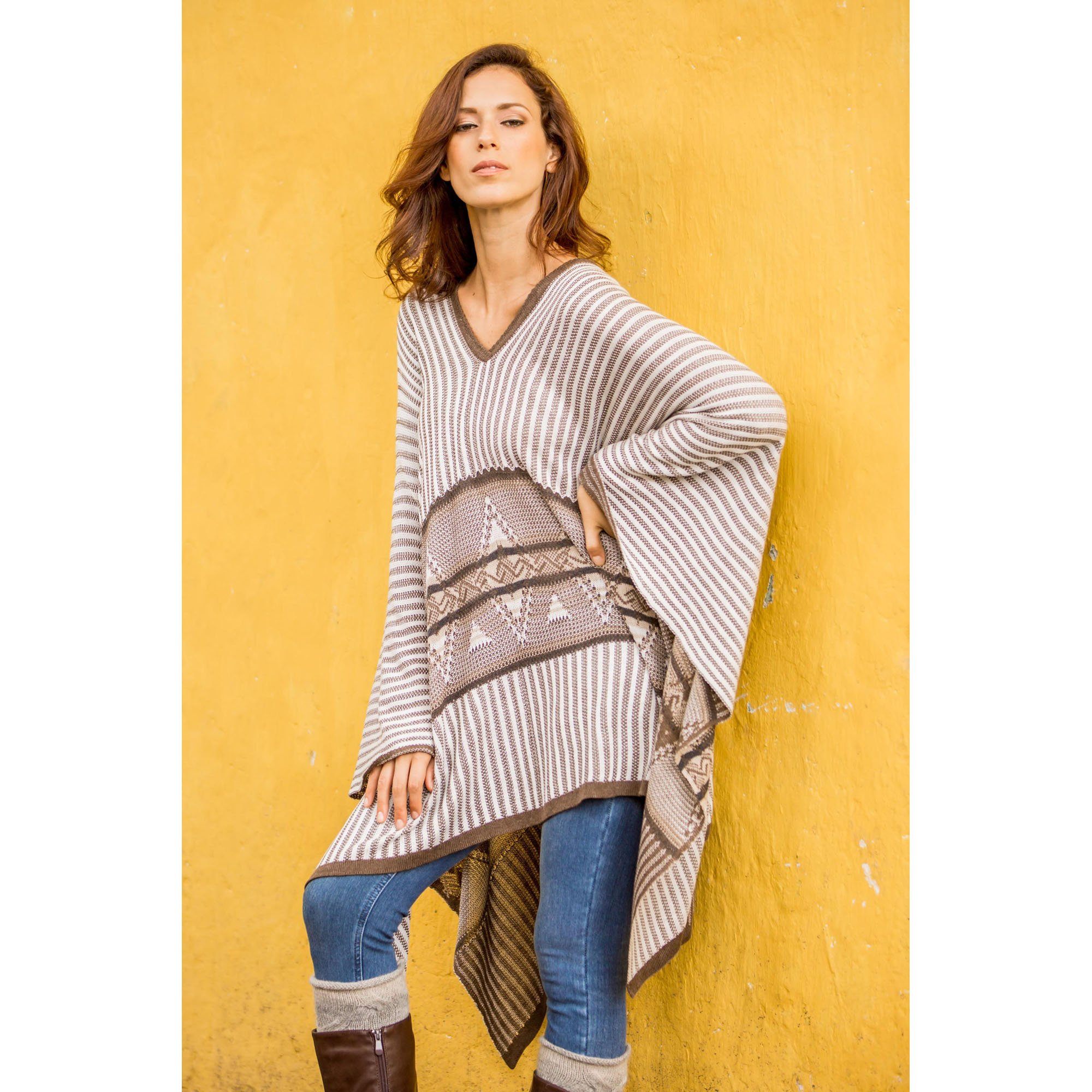 Premium Geometric Striped Bohemian Poncho - Handmade in Peru