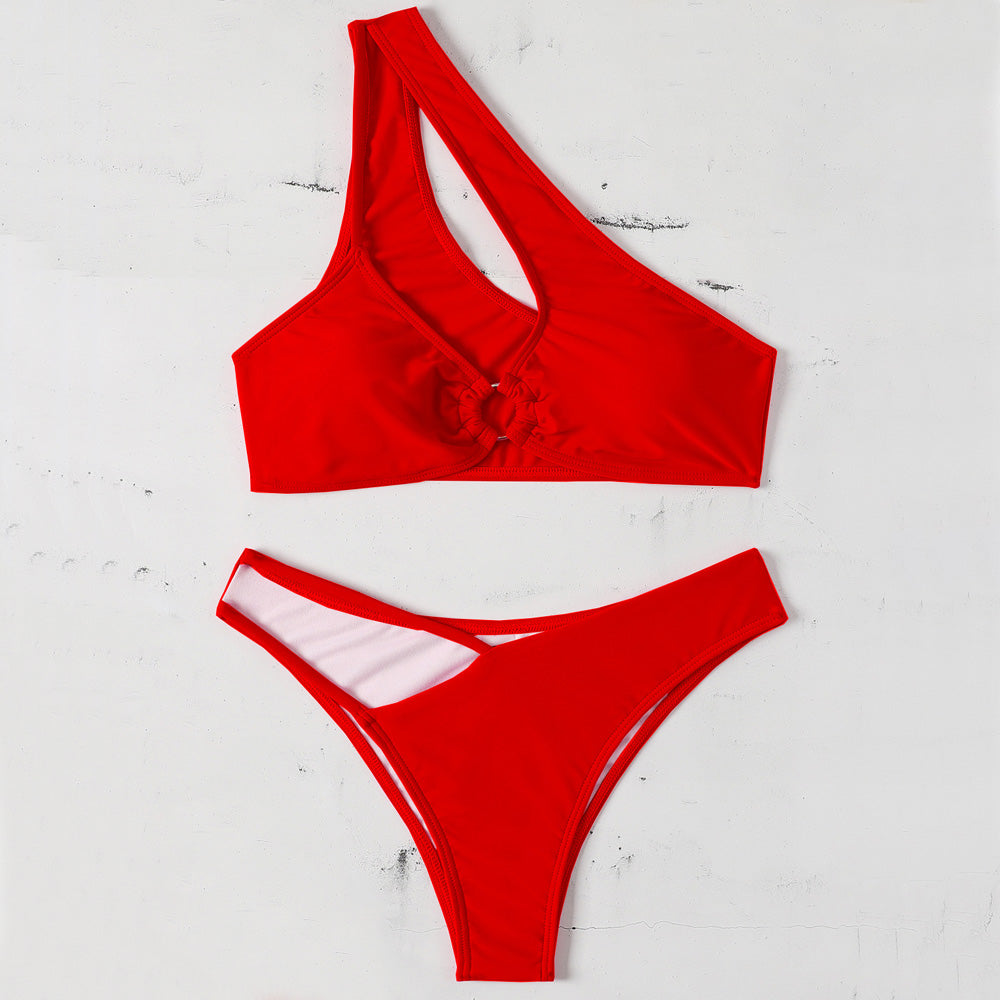 Premium Asymmetric Ring Cutout One-Shoulder Brazilian Bikini Set