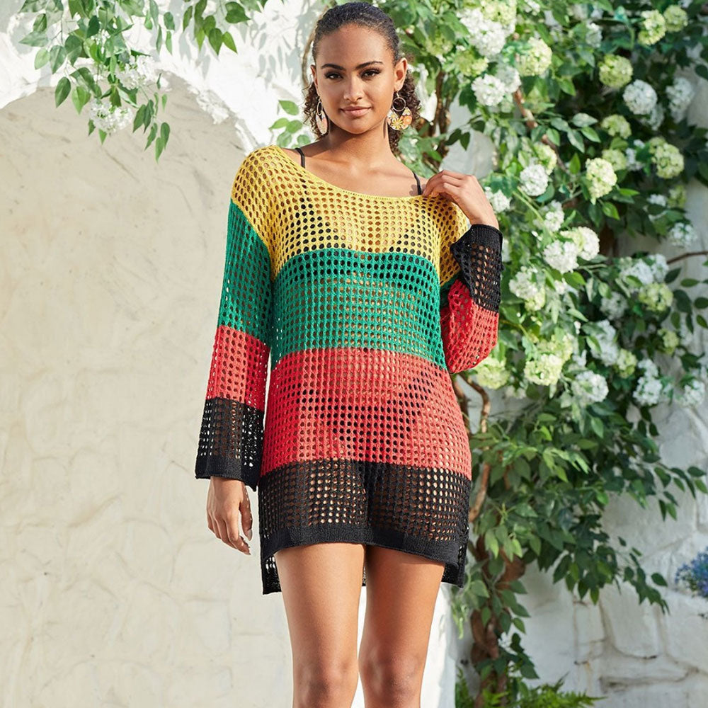 Ultimate Summer Color Block Crochet Dress | Premium High-Low Beach Cover-Up