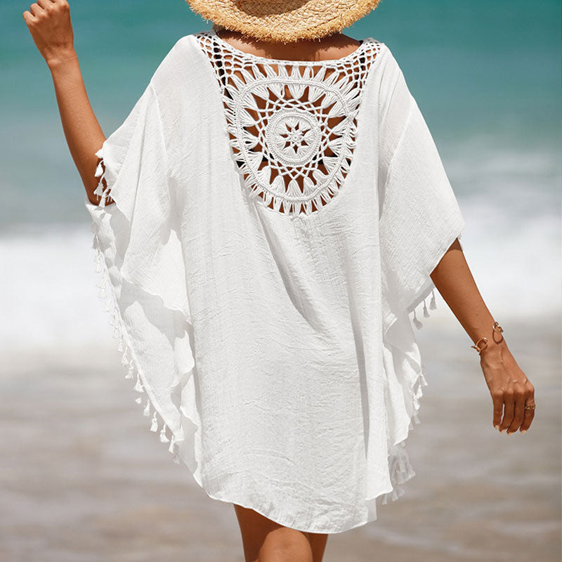 Premium Oversized Crochet Beach Cover-Up with Tasseled Sleeves & Keyhole Design