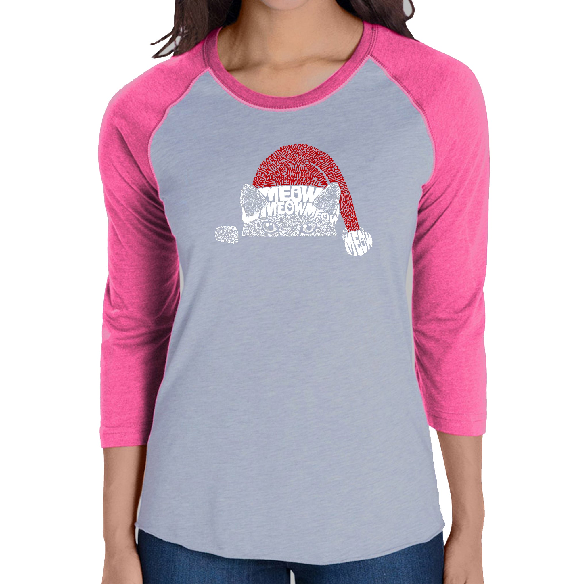 Premium Christmas Peeking Cat Women's Raglan Word Art T-Shirt - Ultimate Holiday Style