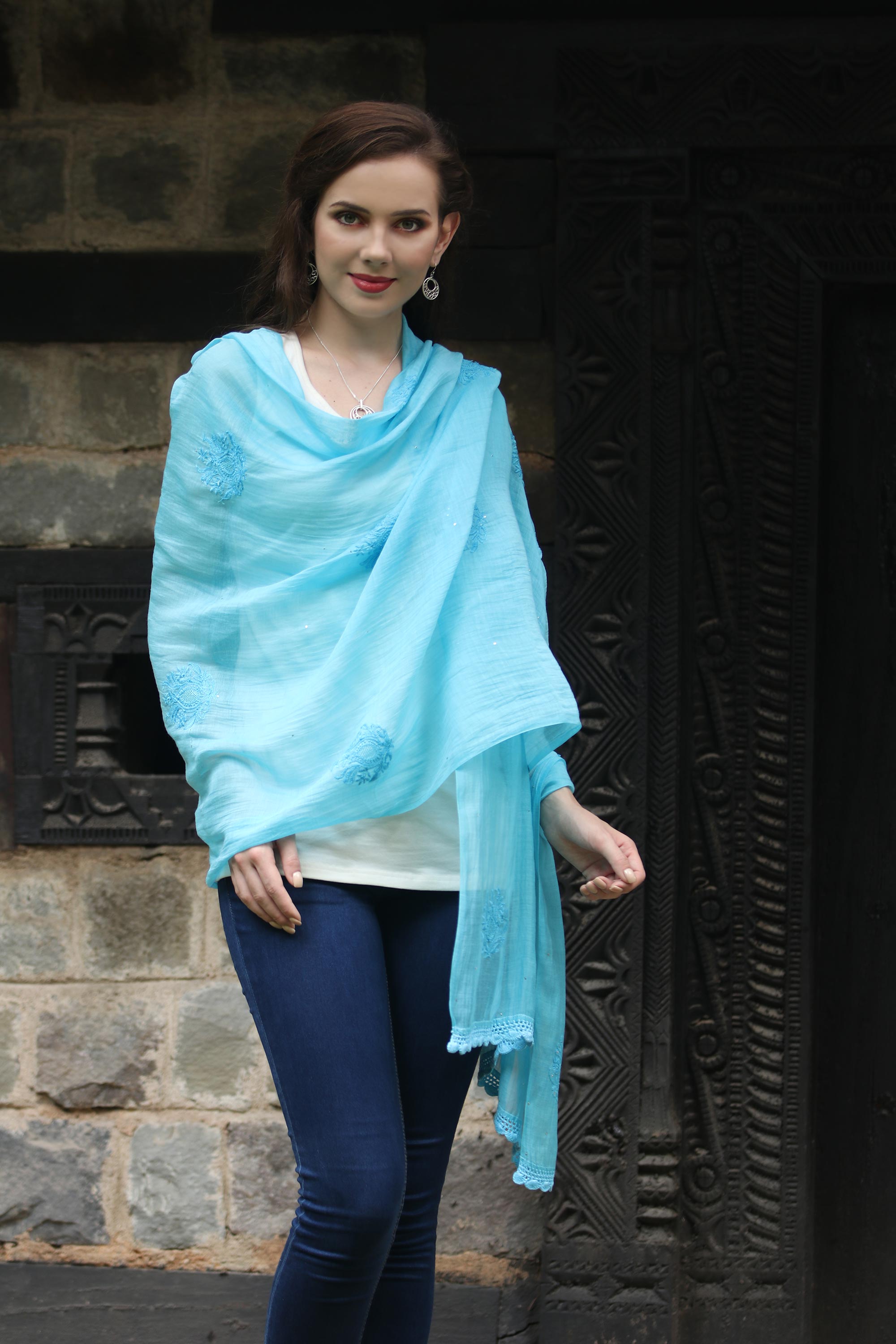 Premium Lucknow Chikankari Shawl - Hand Embroidered Sky Blue Cotton Silk Blend