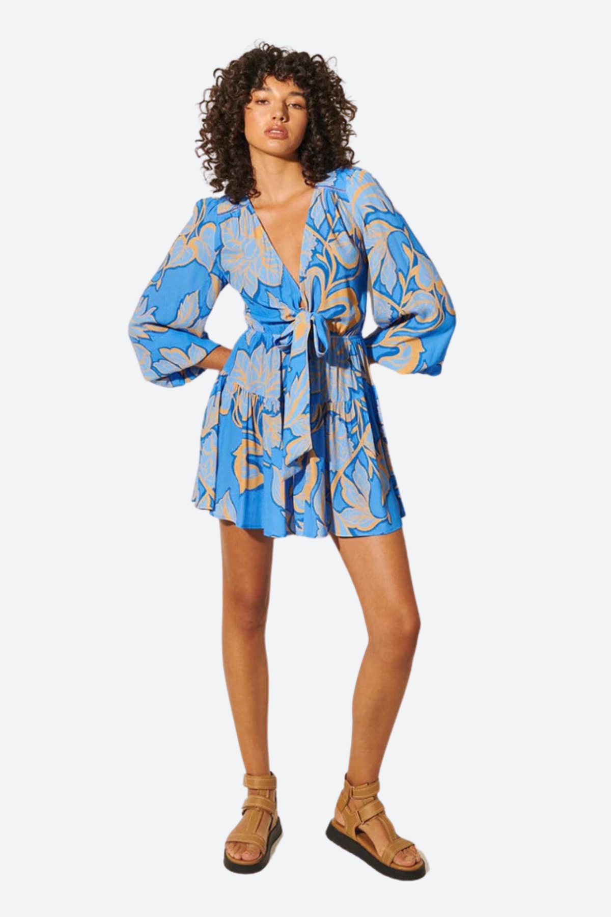 Premium Kivari Taniana Tie Front Mini Dress - Azure Floral Design