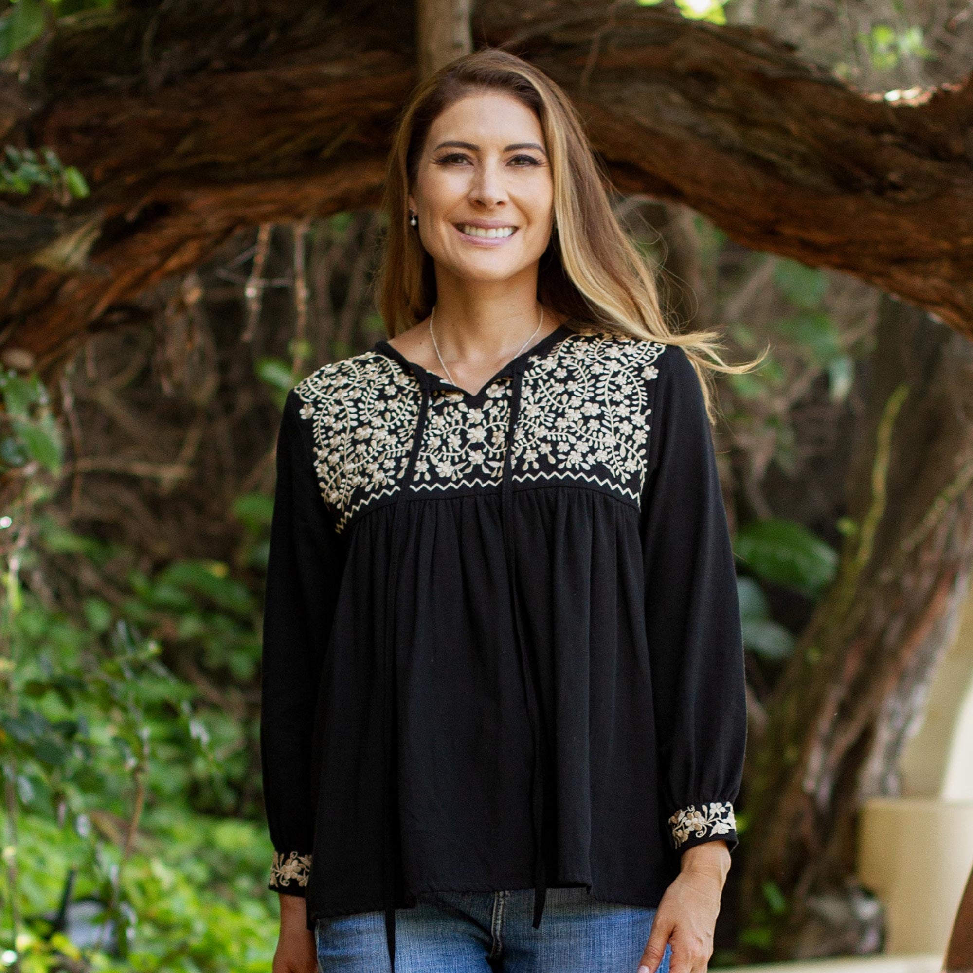 Premium Golden Black Oaxaca Blossoms Hand-Embroidered Boho Chic Blouse