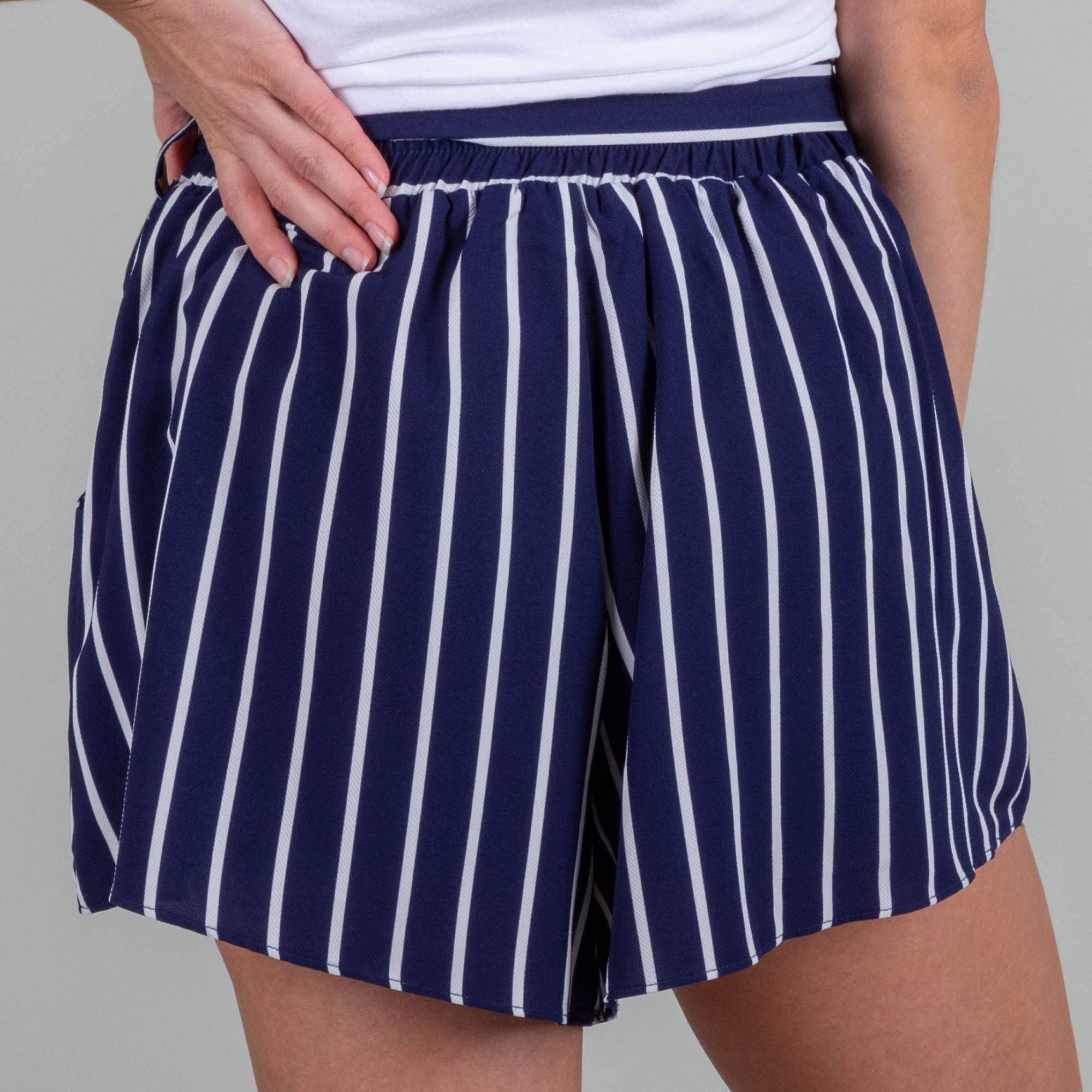 Premium High-Rise Striped Shorts - Navy Blue