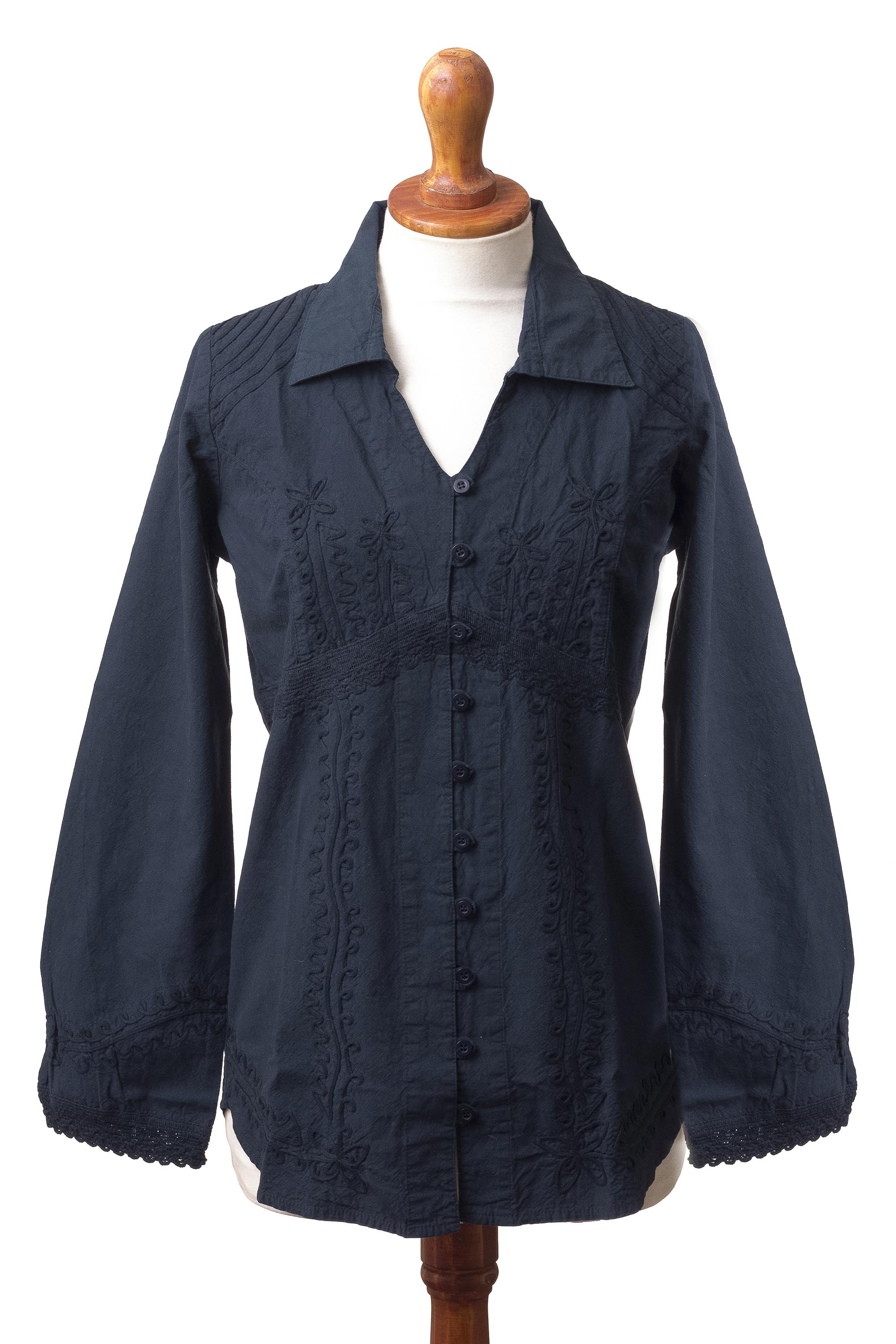 Premium Lily of the Incas Navy Blue Blouse – Hand-Embroidered Organic Cotton