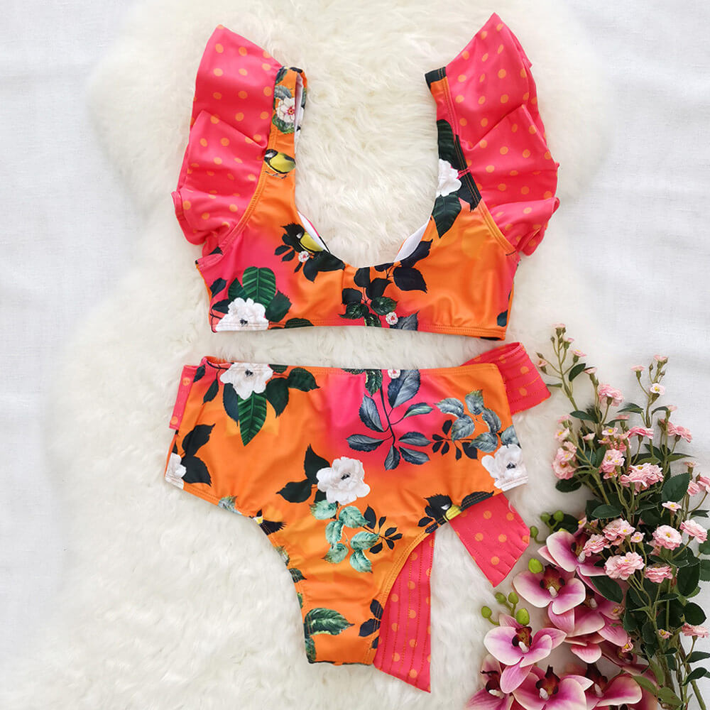 Premium Tropical Floral Print Brazilian Bikini Set - High Waist & V-Neck Design