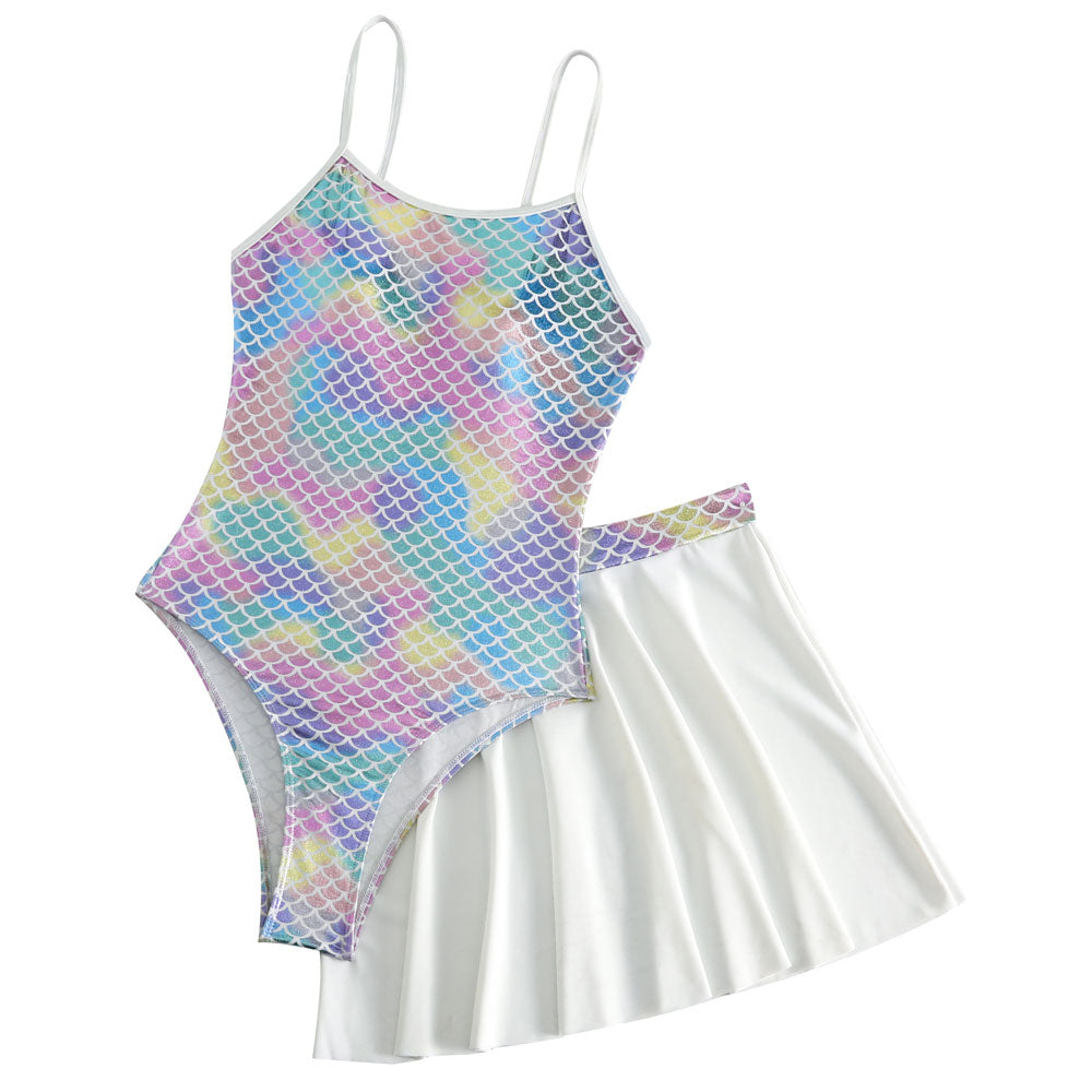 Premium Iridescent Fishscale One-Piece Swimsuit with Flowy Skirt