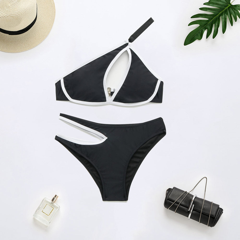 Ultimate Sexy Contrast Binding Cutout One-Shoulder Brazilian Bikini Set