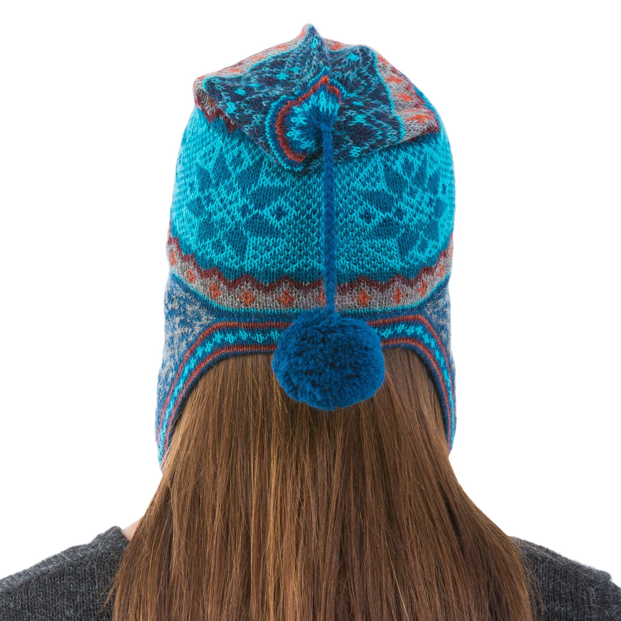 Premium Andean Alpaca Chullo Hat - Azure & Smoke Snowflake Design