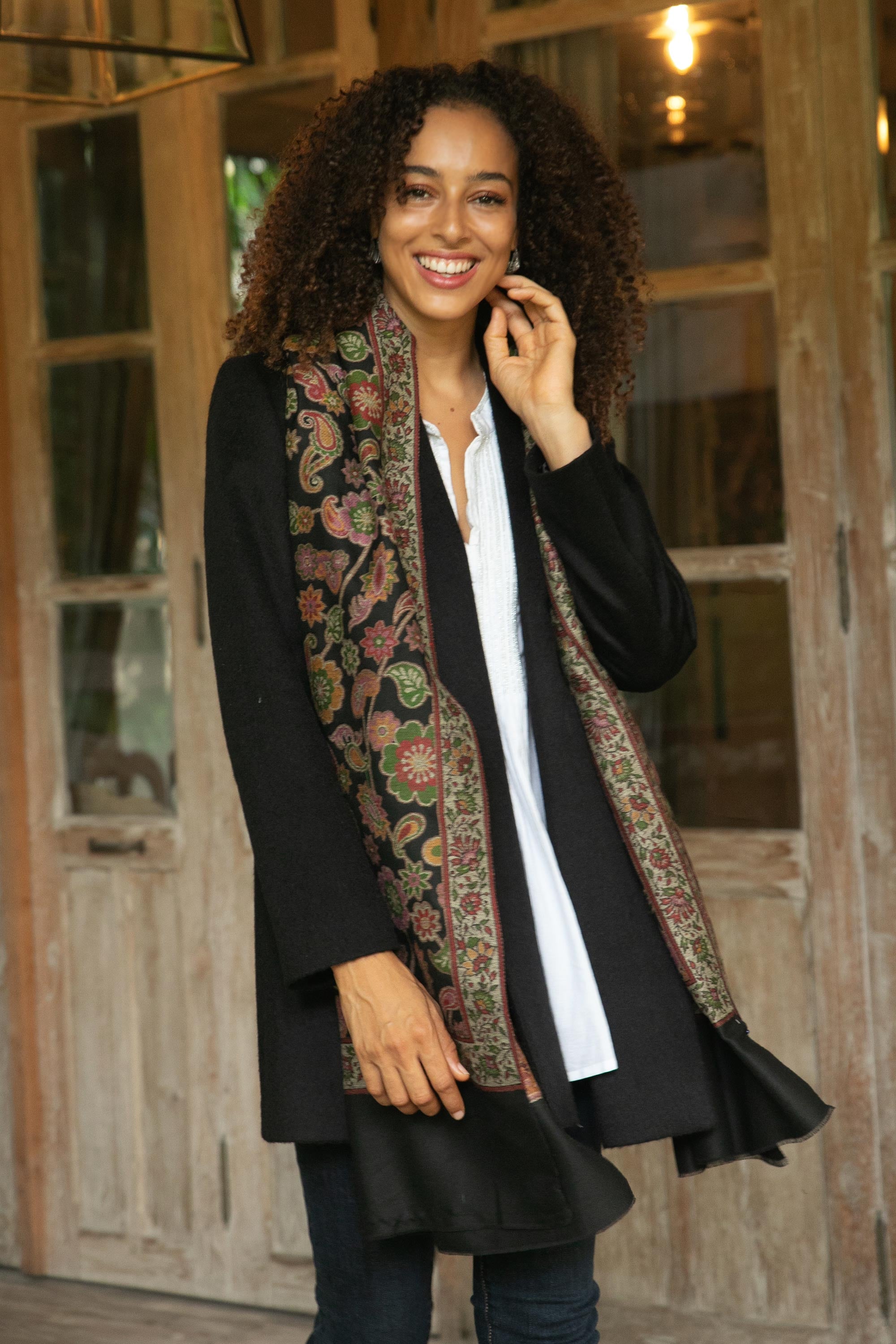 Premium Midnight Garden Floral Shawl - Handwoven Wool from India