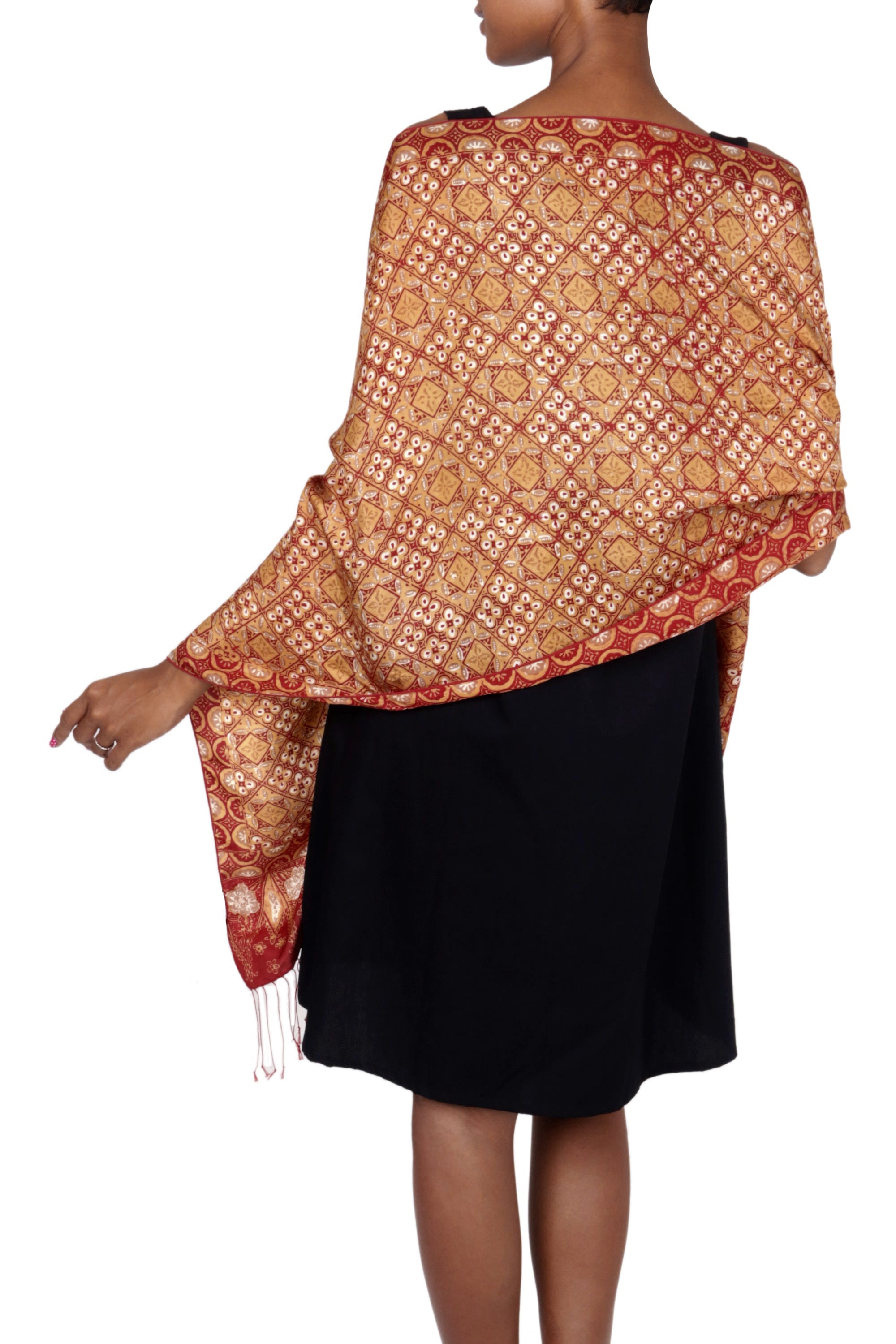 Premium Ceplok Beteng Red & Gold Metallic Hand-Stamped Silk Shawl