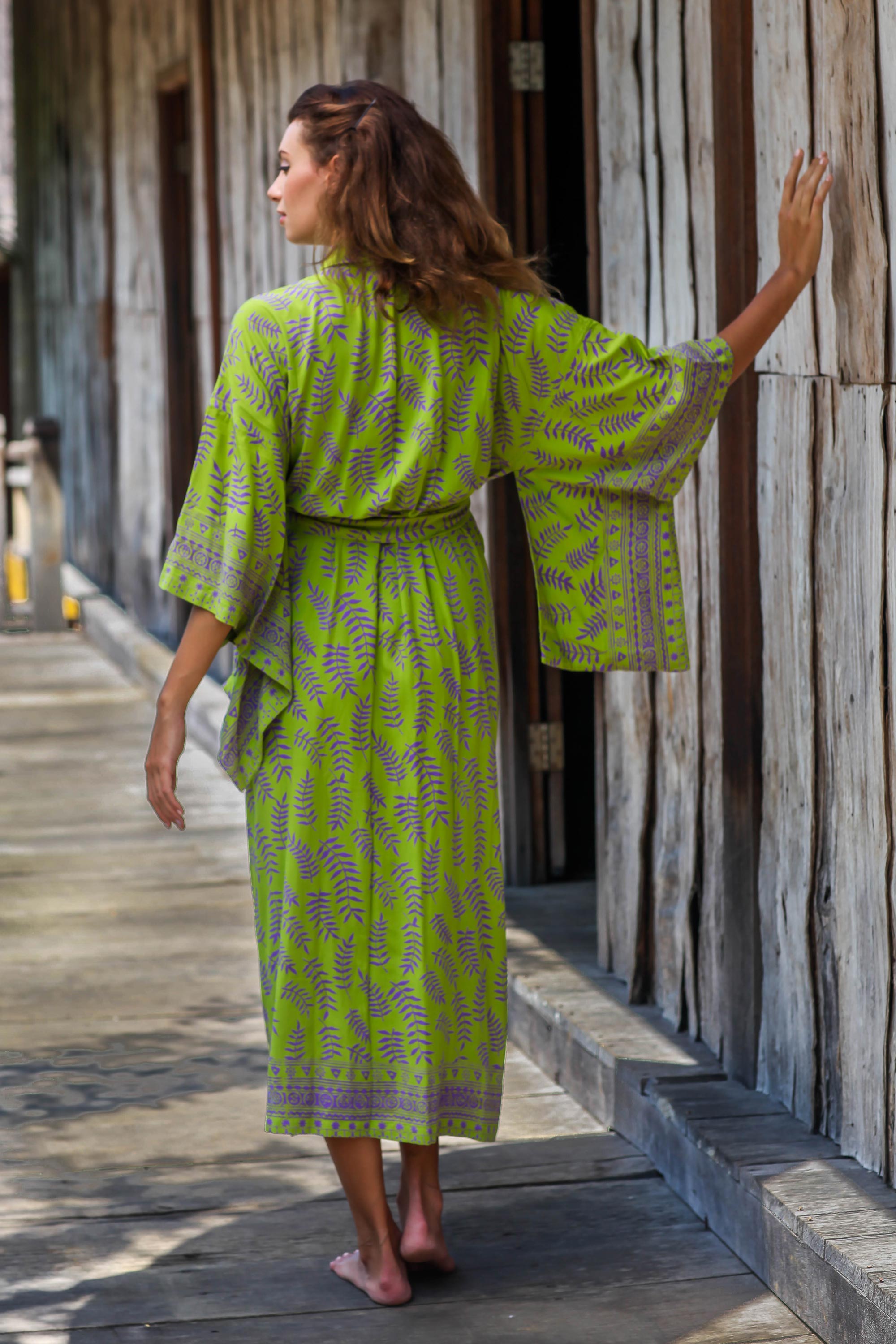 Premium Tropical Fern Forest Kimono Robe - Bali-Inspired Green & Purple Design